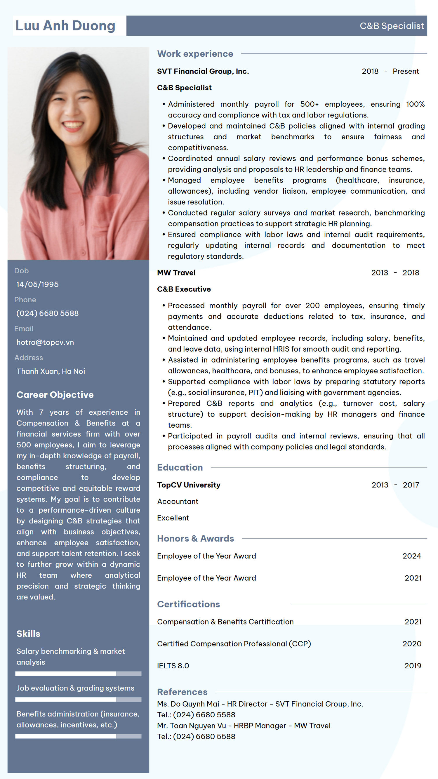 Mẫu CV C&B tiếng Anh