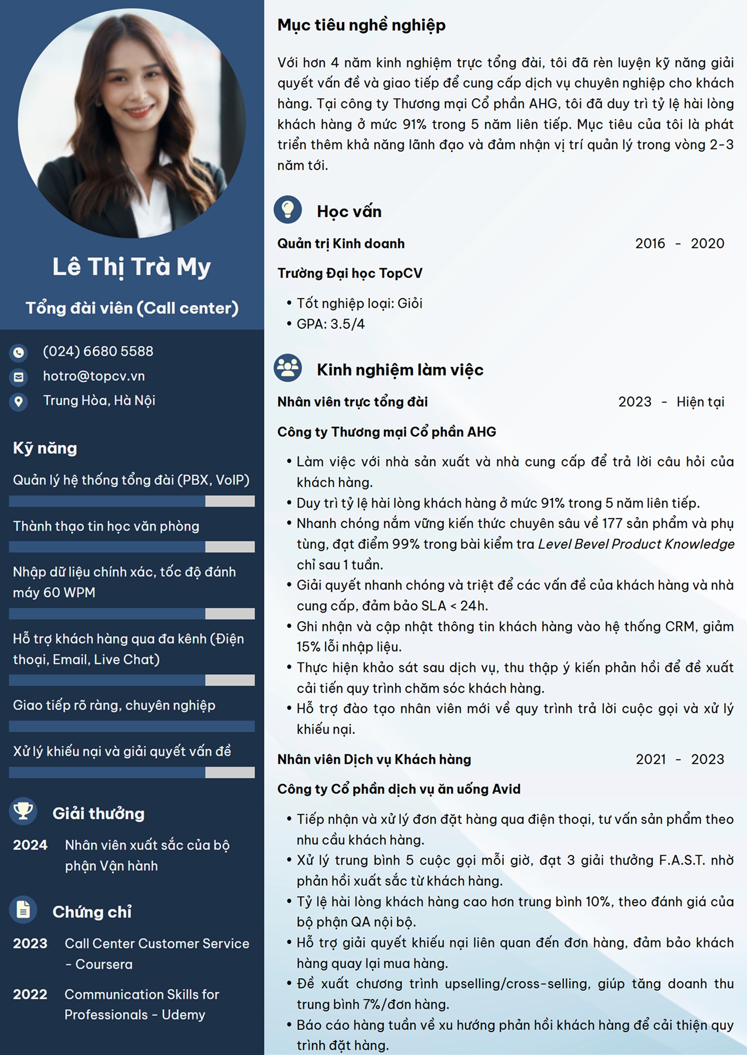 Mẫu CV Call Center chuyên nghiệp trên TopCV