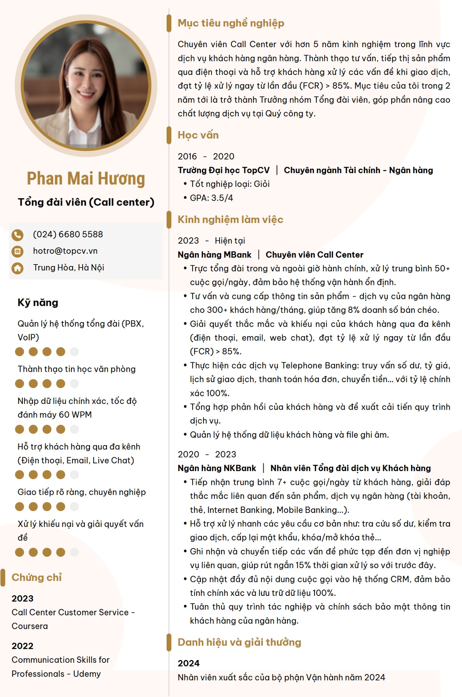 Mẫu CV Call Center ấn tượng trên TopCV