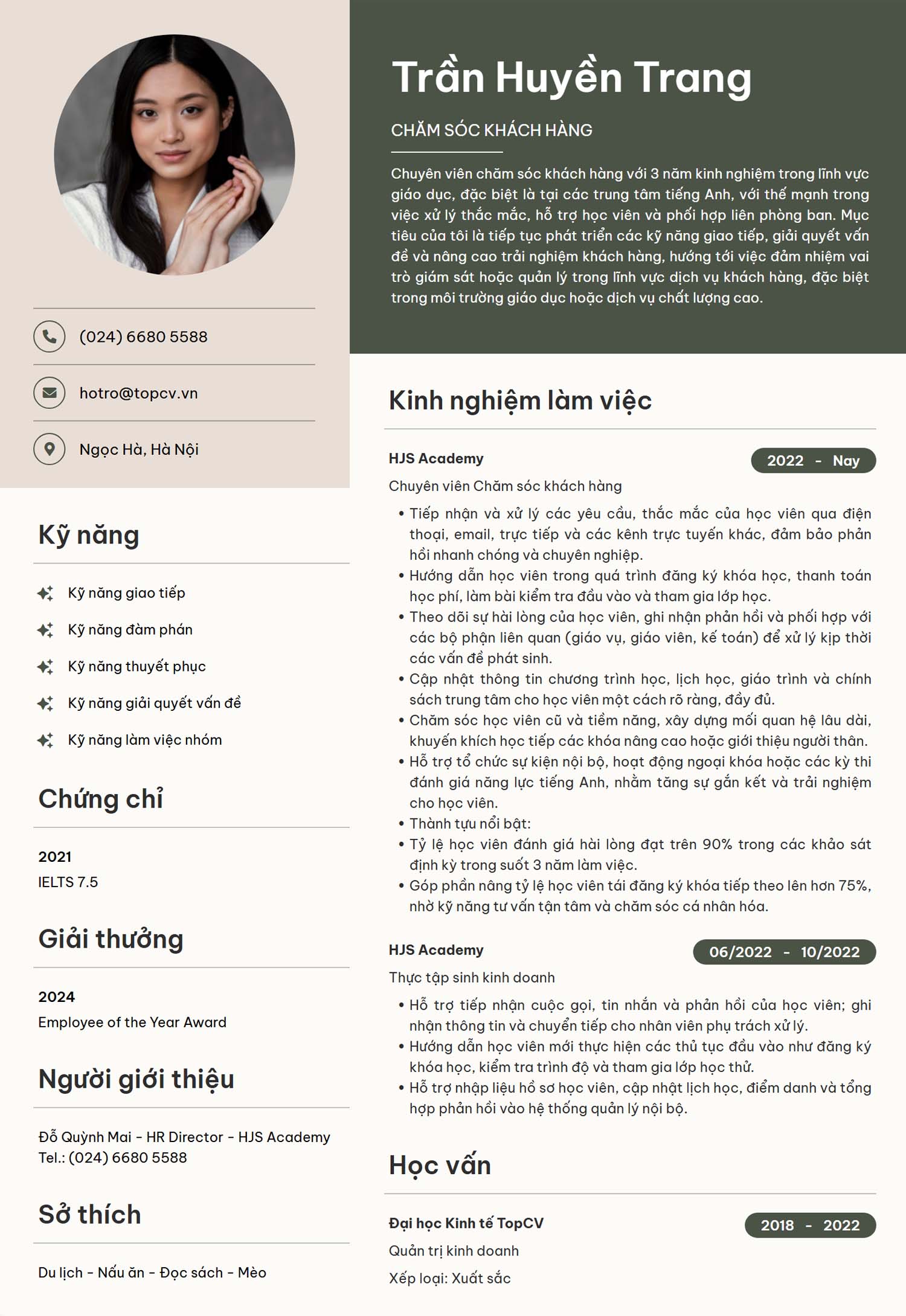 cv xin việc chăm sóc khách hàng