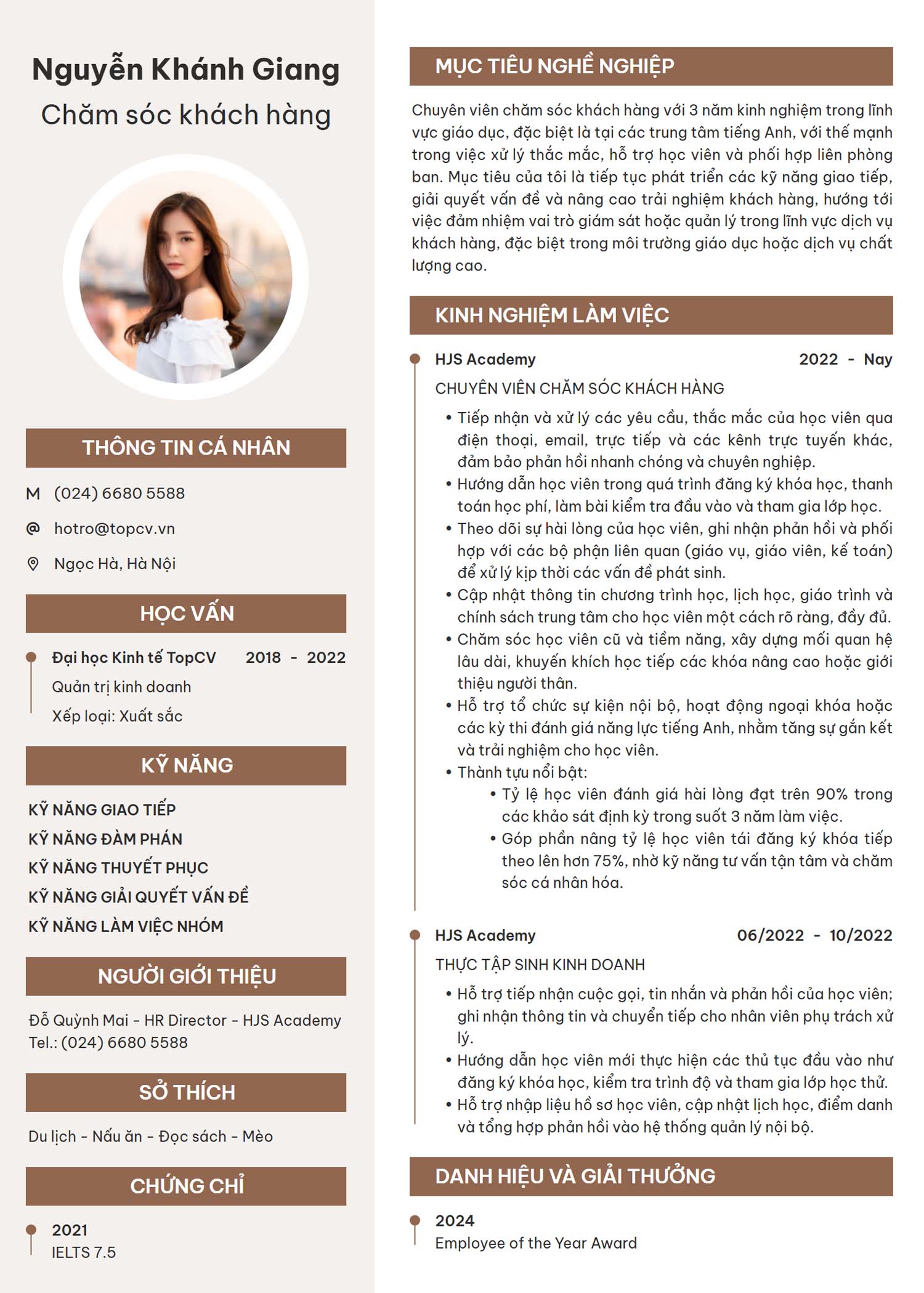 cv xin việc chăm sóc khách hàng
