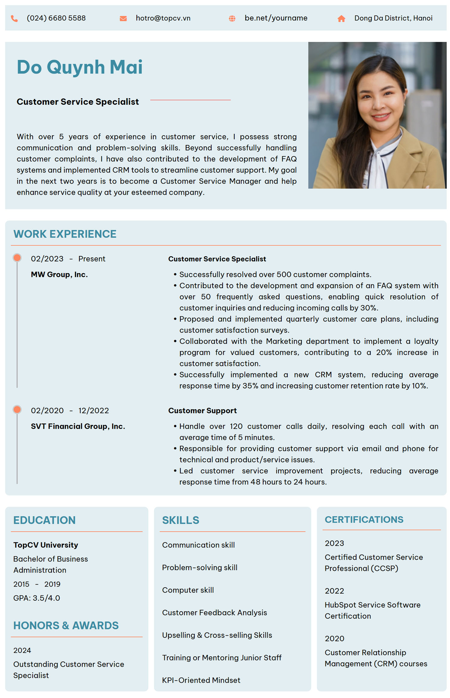 Mẫu CV Chăm sóc khách hàng Tiếng Anh