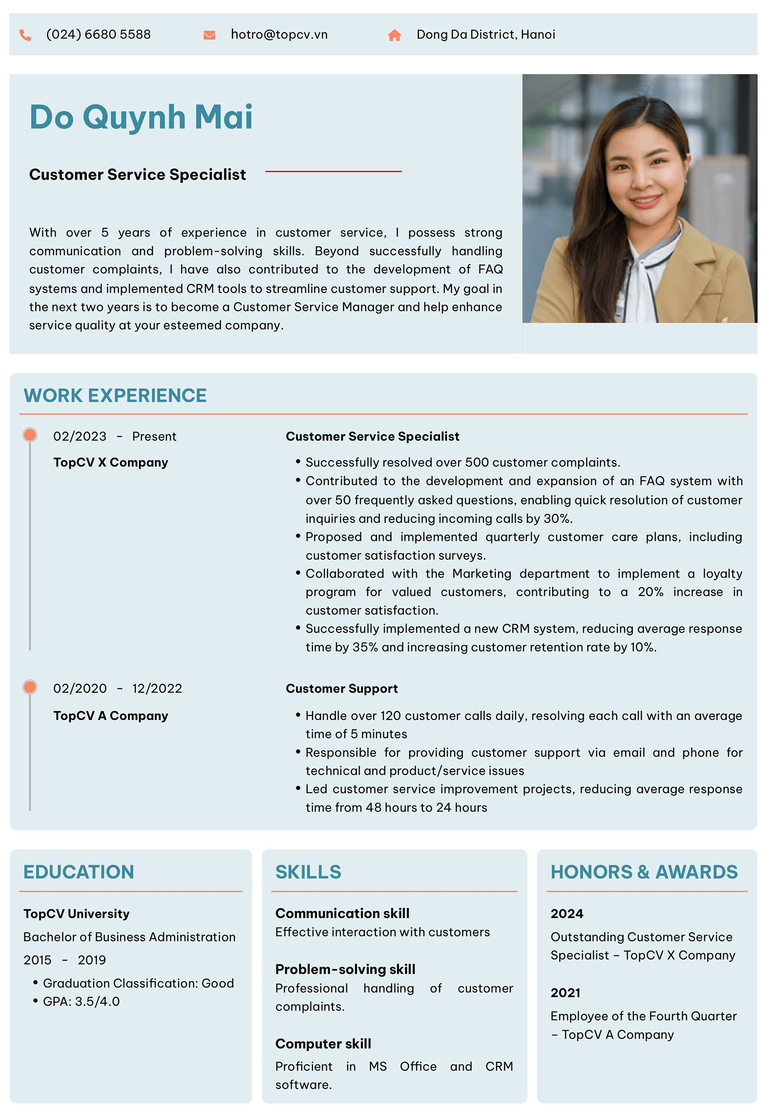 CV Chăm sóc khách hàng tiếng Anh