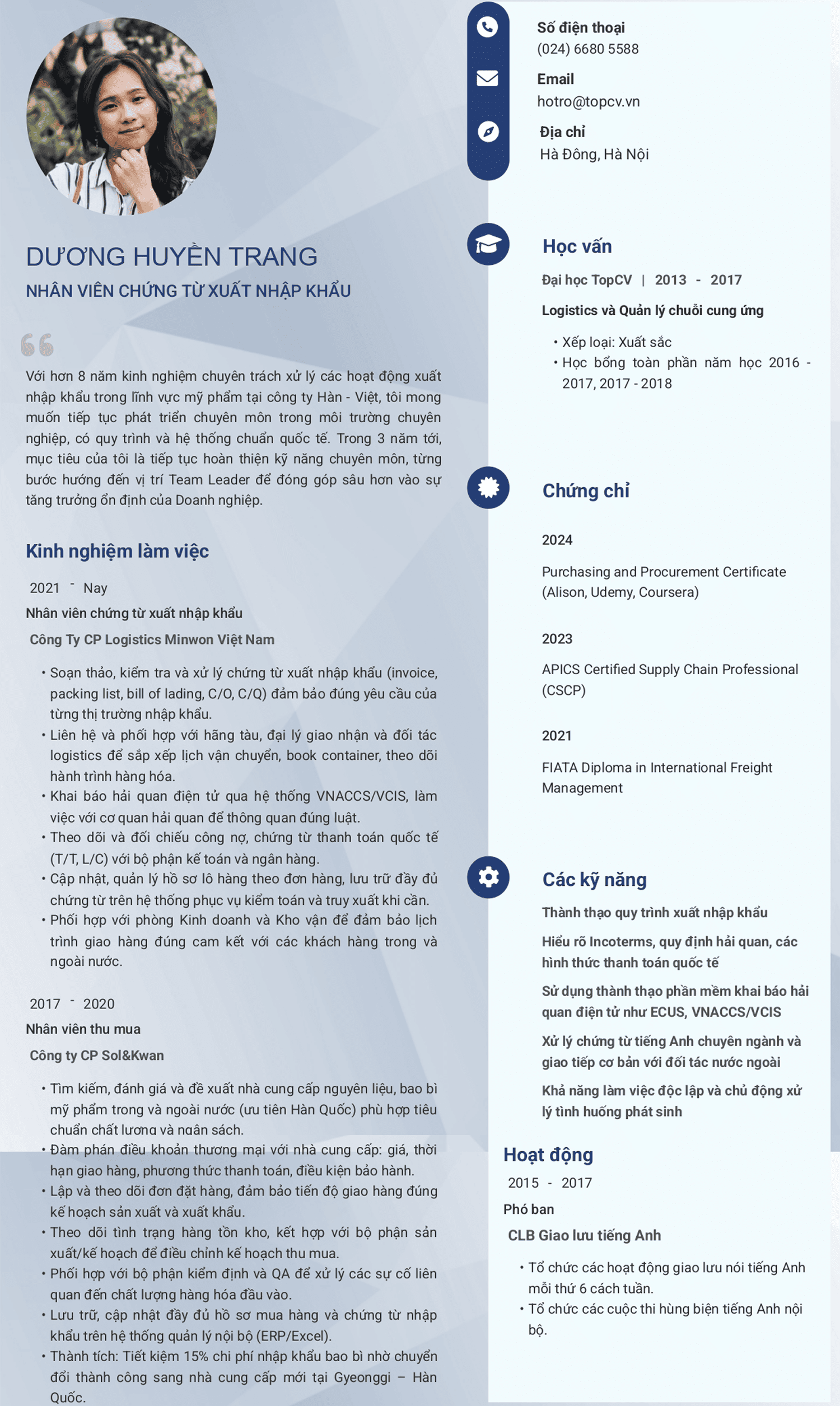 Mẫu CV Nhân viên chứng từ xuất nhập khẩu ấn tượng