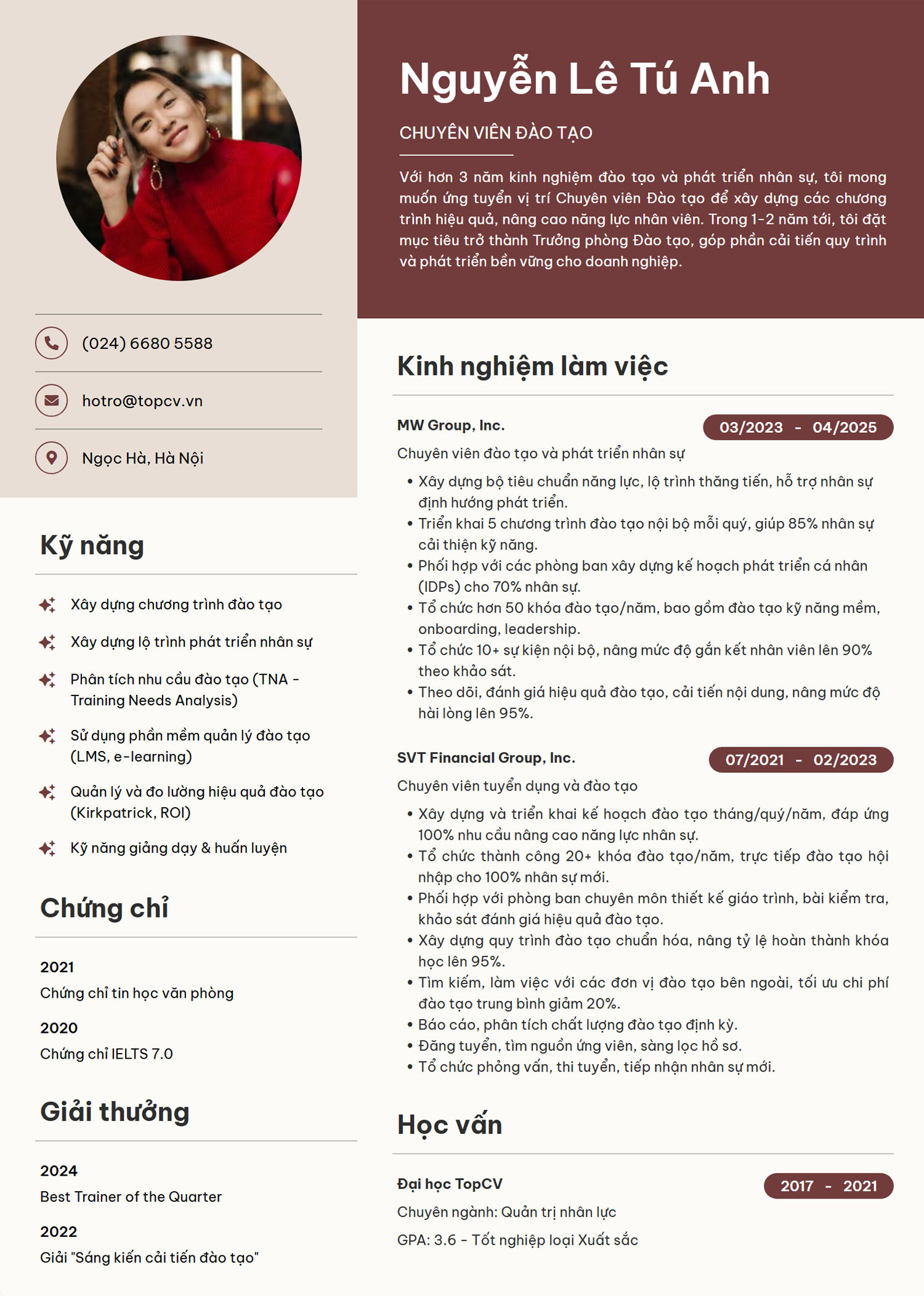 Ví dụ Mẫu CV chuyên nghiệp áp dụng cho vị trí Chuyên viên đào tạo