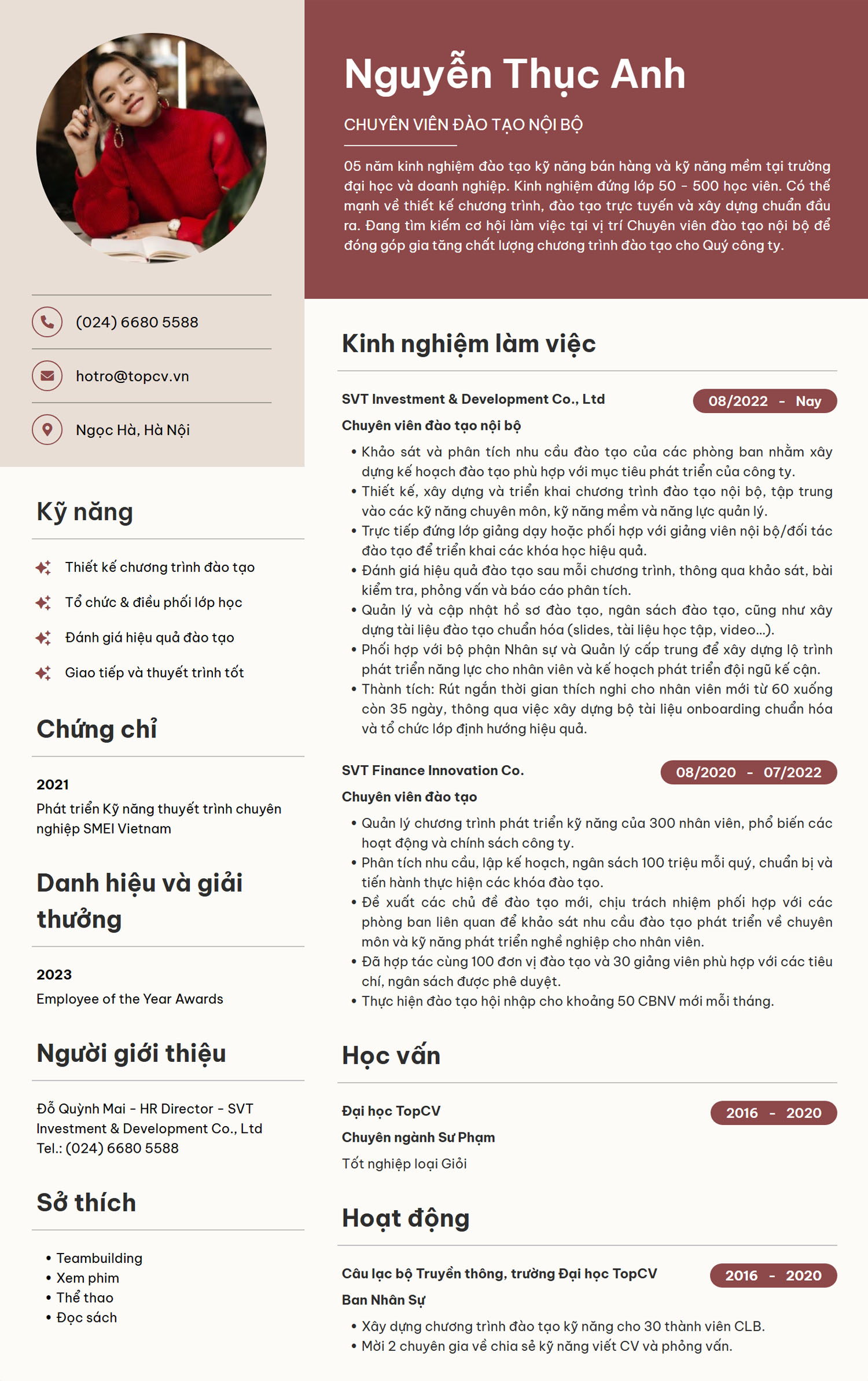 Tham khảo mẫu CV Chuyên viên đào tạo nội bộ ấn tượng