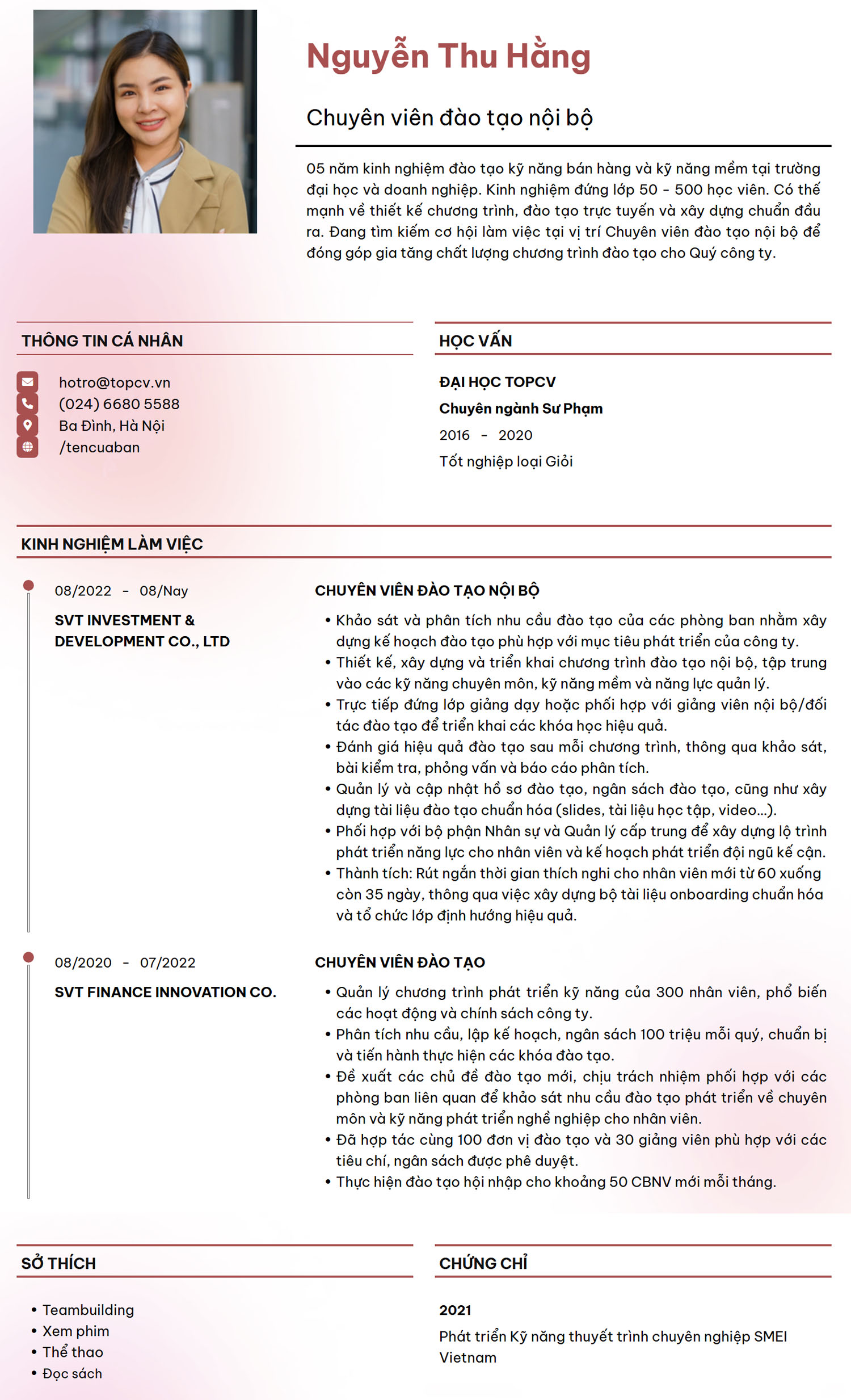 Tham khảo mẫu CV Chuyên viên đào tạo nội bộ tại TopCV