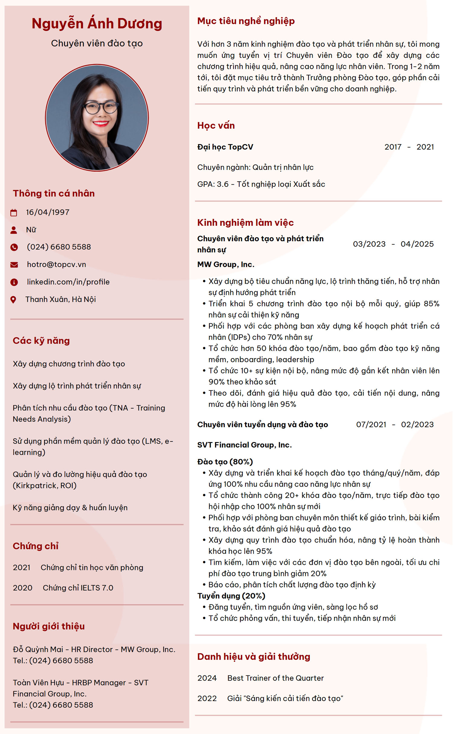 Tham khảo mẫu CV Chuyên viên đào tạo tại TopCV