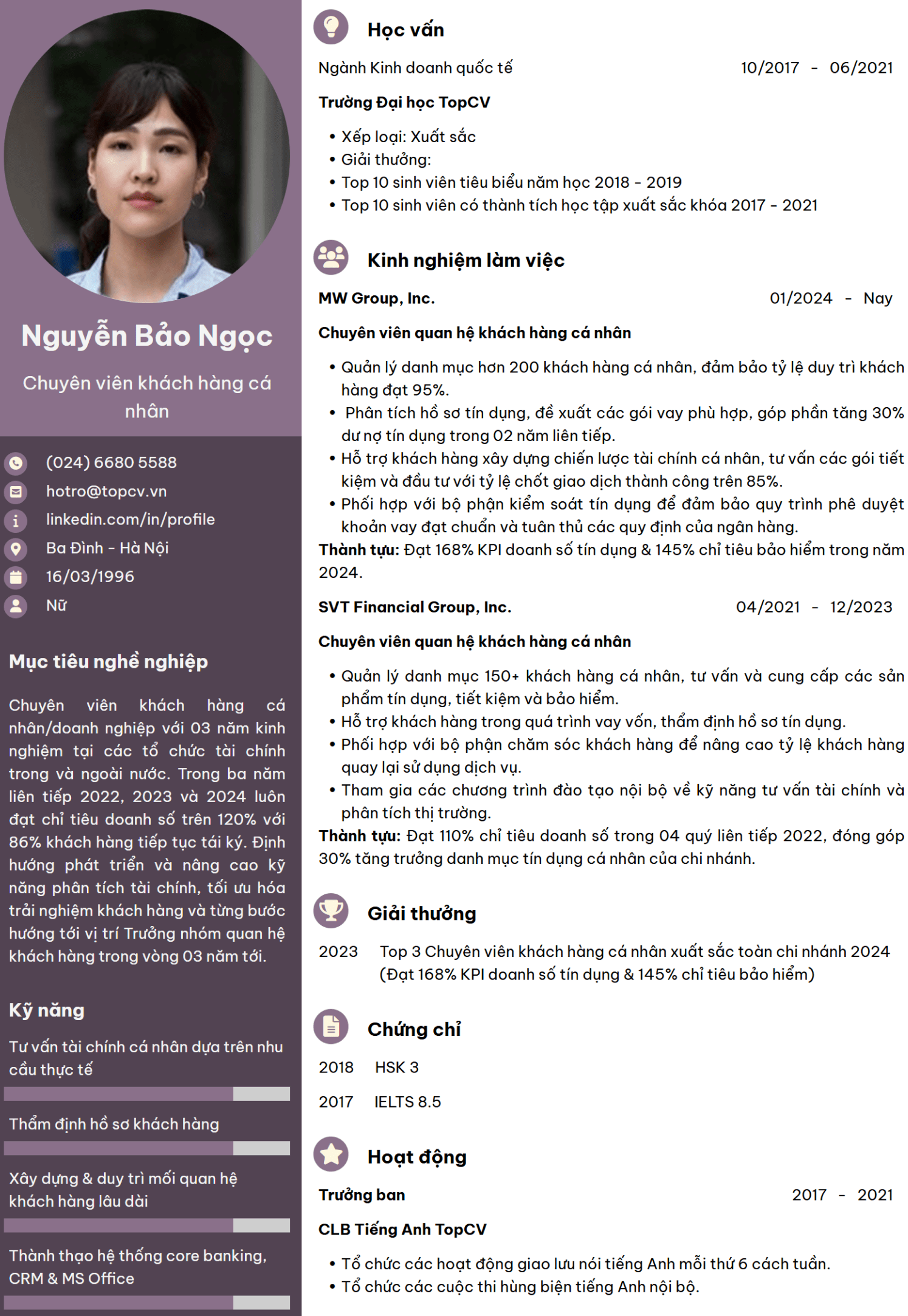 Mẫu CV Chuyên viên khách hàng cá nhân/doanh nghiệp