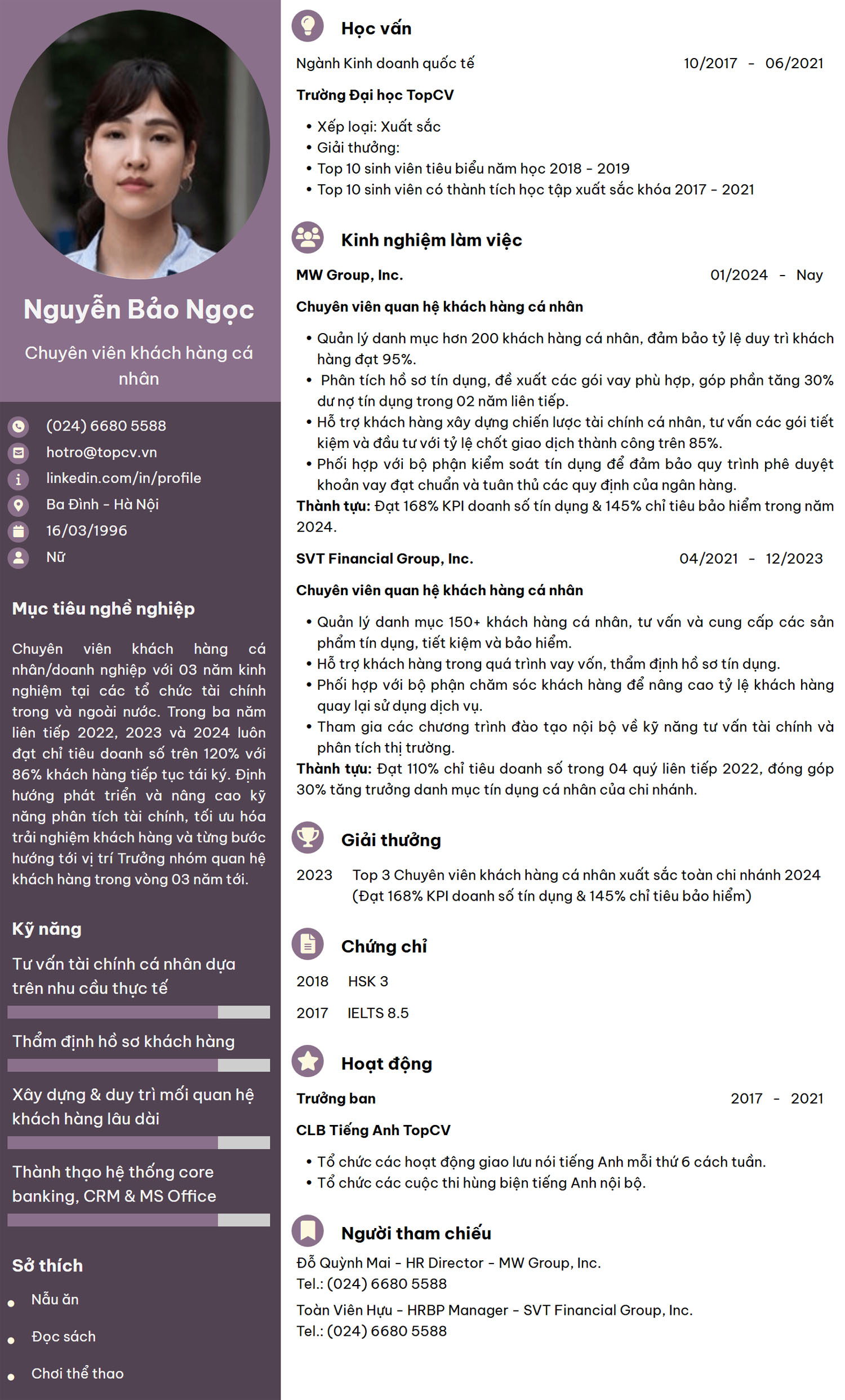 CV chuyên viên khách hàng cá nhân/doanh nghiệp