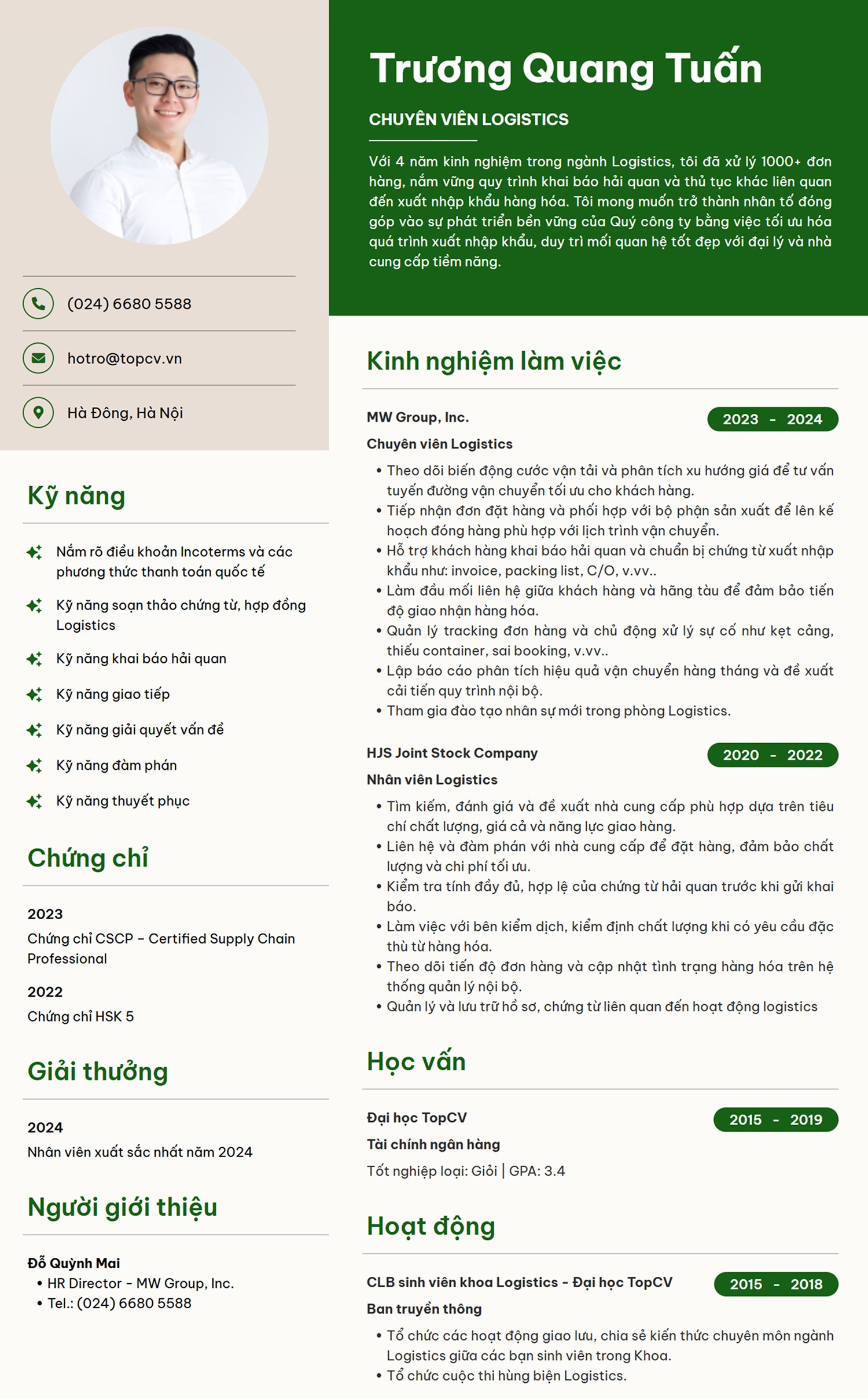 Mẫu CV Chuyên viên Logistics ấn tượng