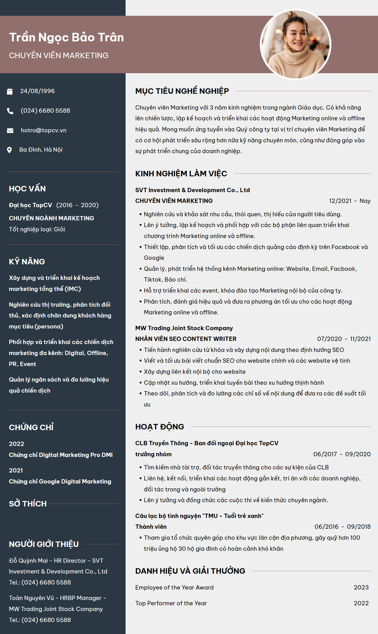 Mẫu CV Chuyên viên Marketing thanh lịch