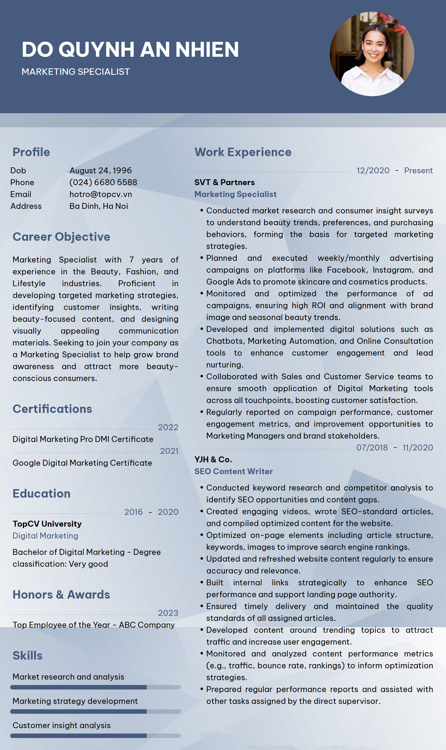 Mẫu CV Chuyên viên Marketing tiếng Anh