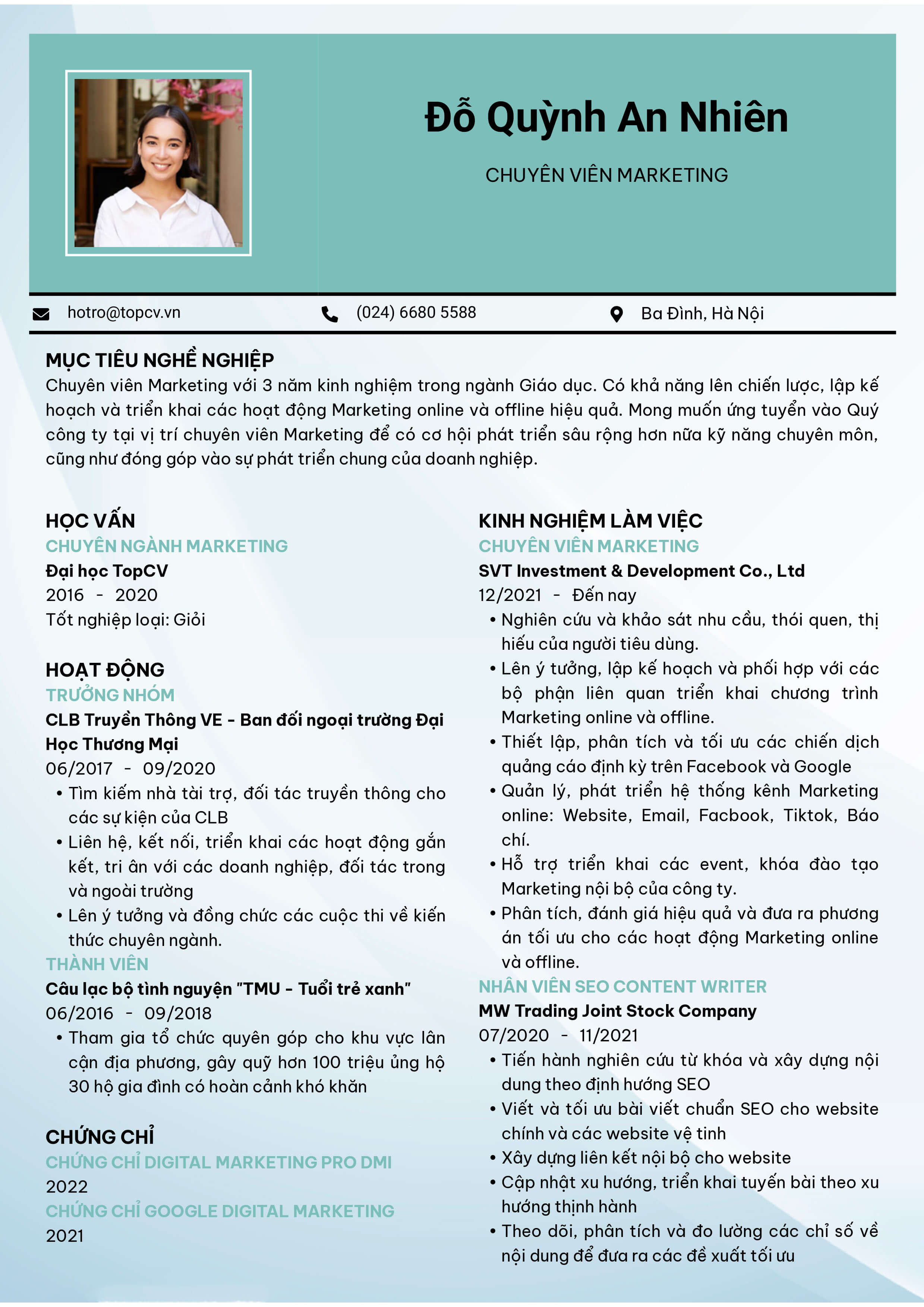 Mẫu CV Chuyên viên Marketing