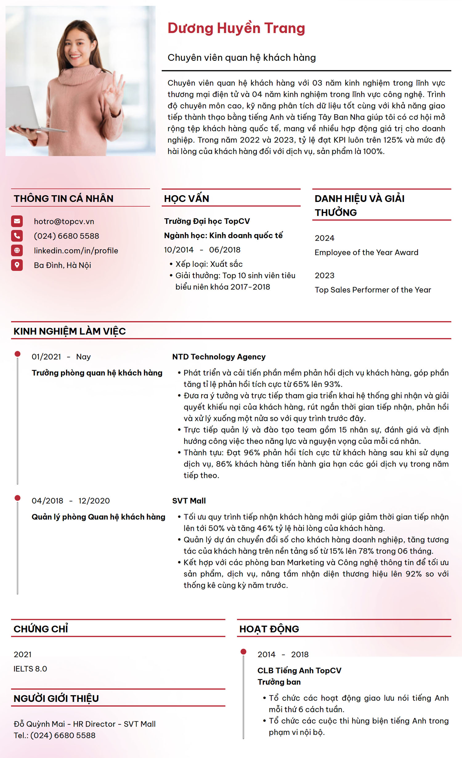 Mẫu CV Chuyên viên quan hệ khách hàng