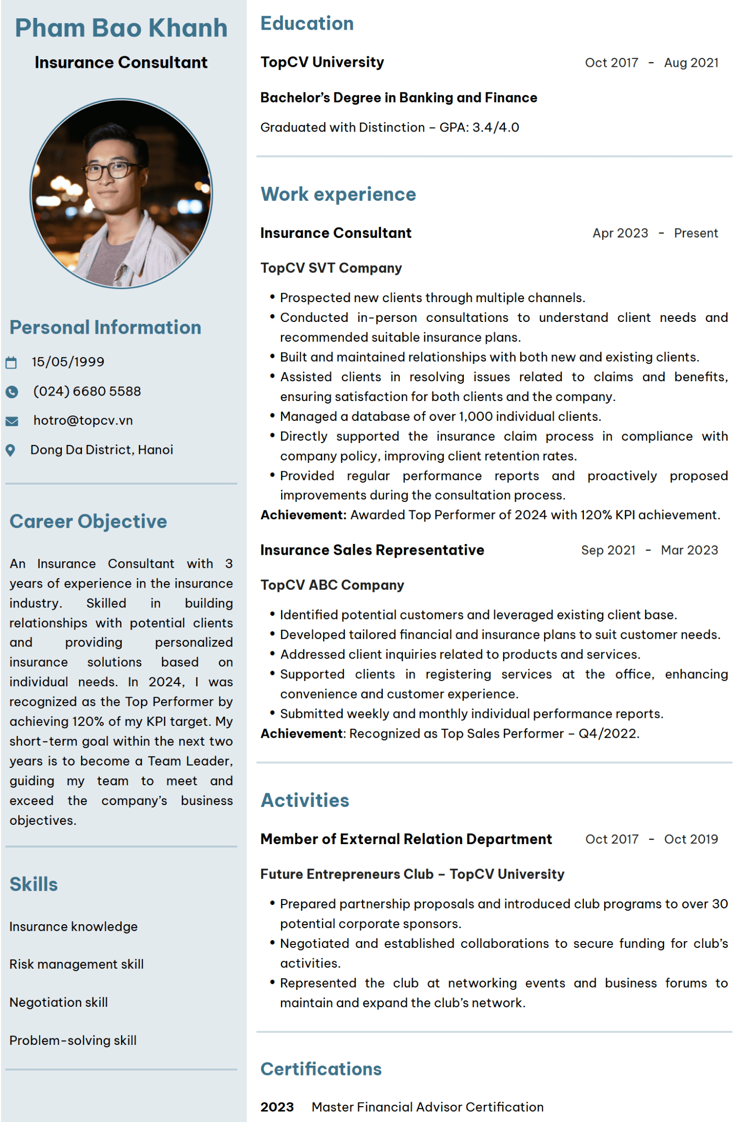 Mẫu CV Tư vấn bảo hiểm tiến Anh