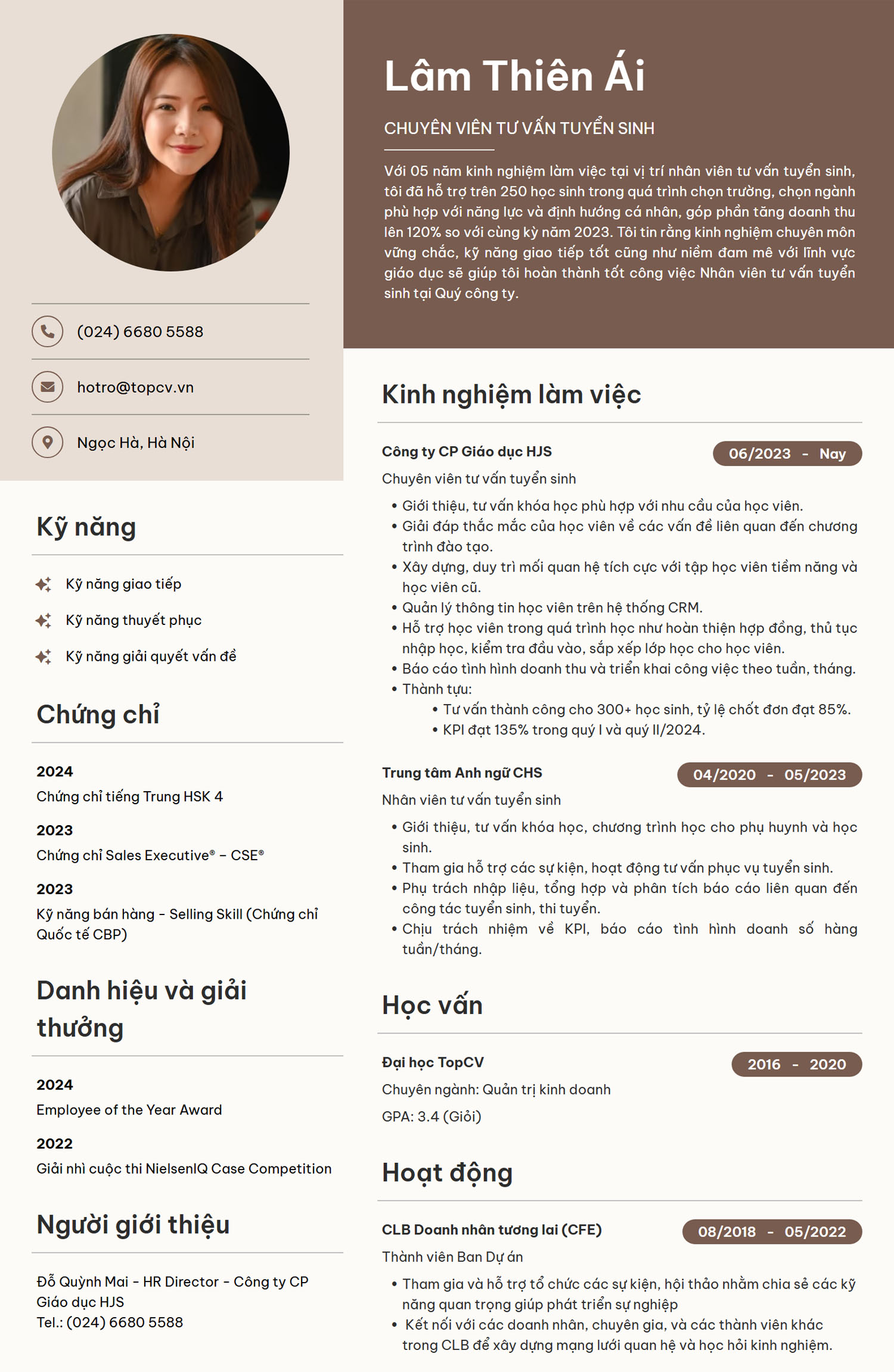 Tham khảo mẫu CV Tư vấn tuyển sinh
