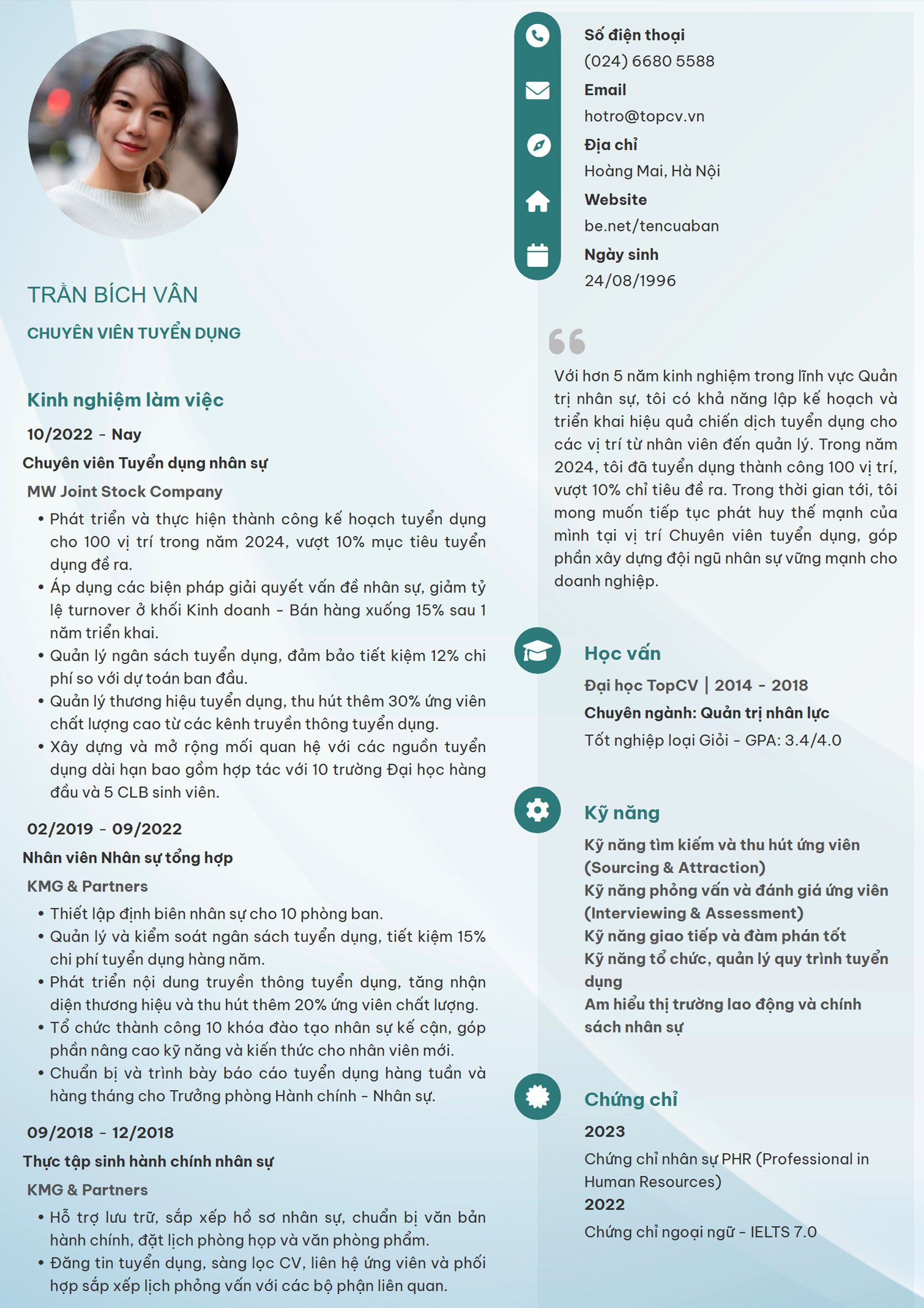 Tham khảo mẫu CV Chuyên viên tuyển dụng thanh lịch