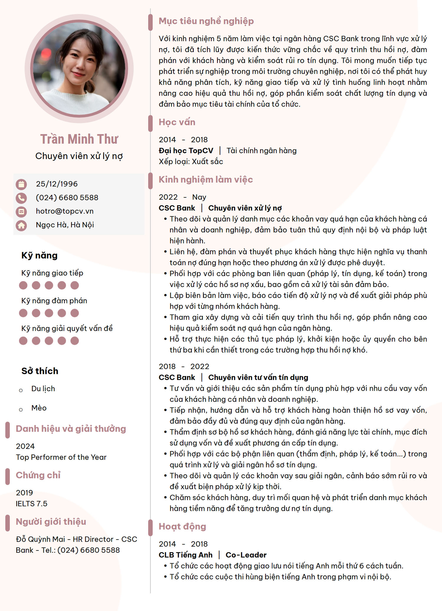 Mẫu CV Chuyên viên xử lý nợ