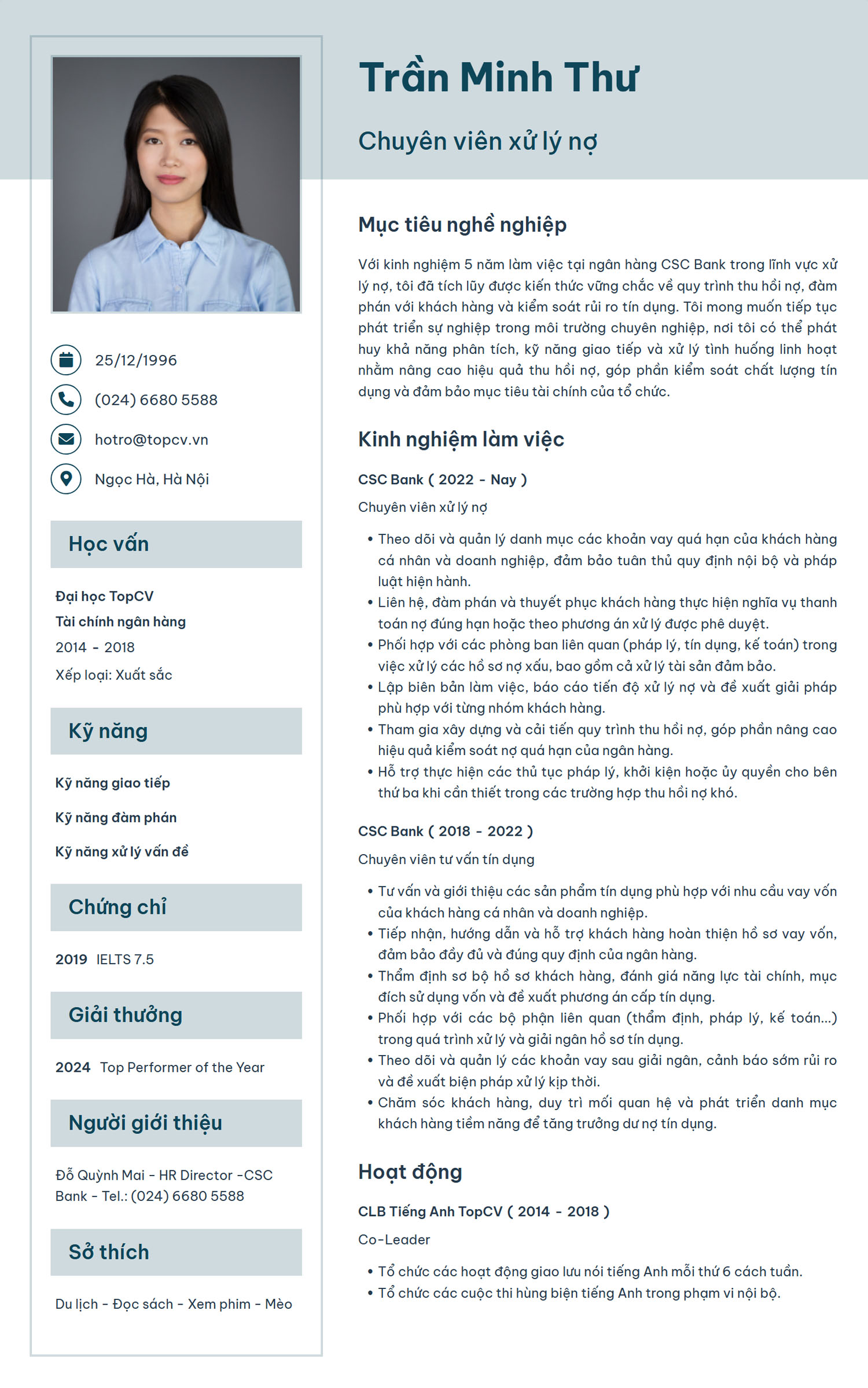 Mẫu CV Chuyên viên xử lý nợ thanh lịch