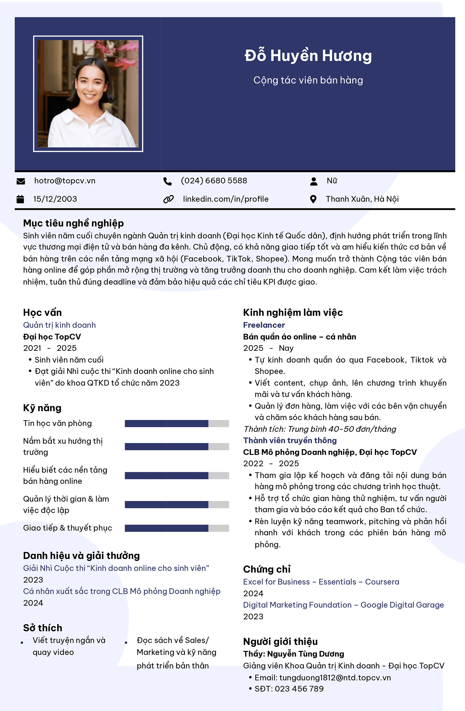 Mẫu CV Cộng tác viên bán hàng 