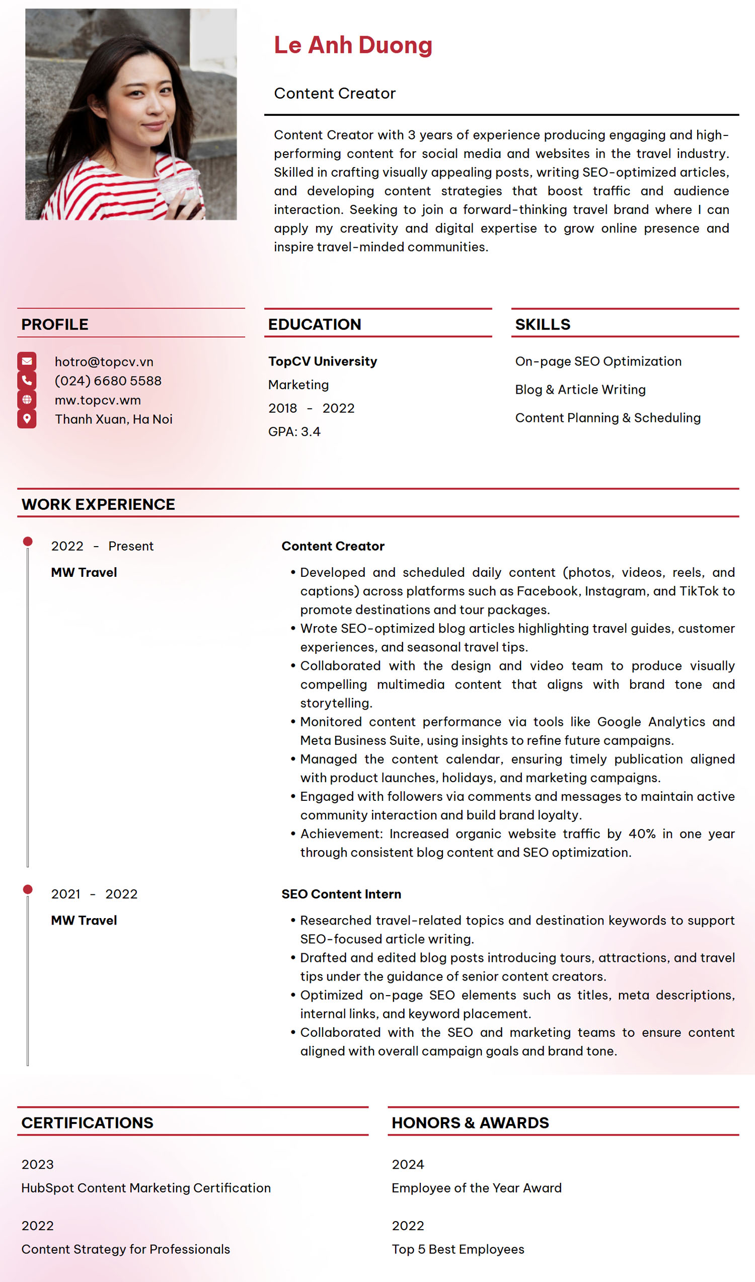 Mẫu CV Content Creator Tiếng Anh