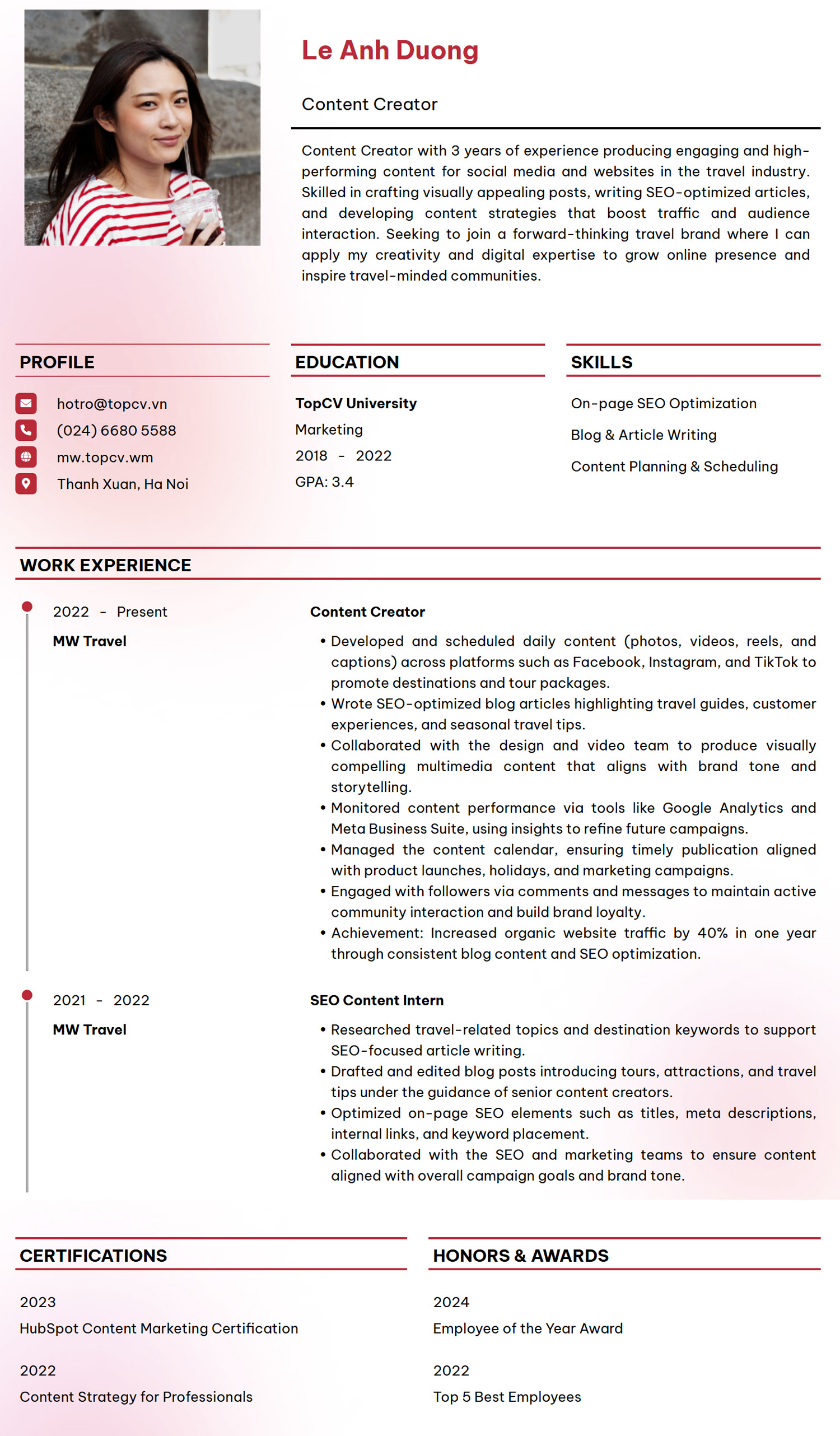 Mẫu CV Content Creator tiếng Anh