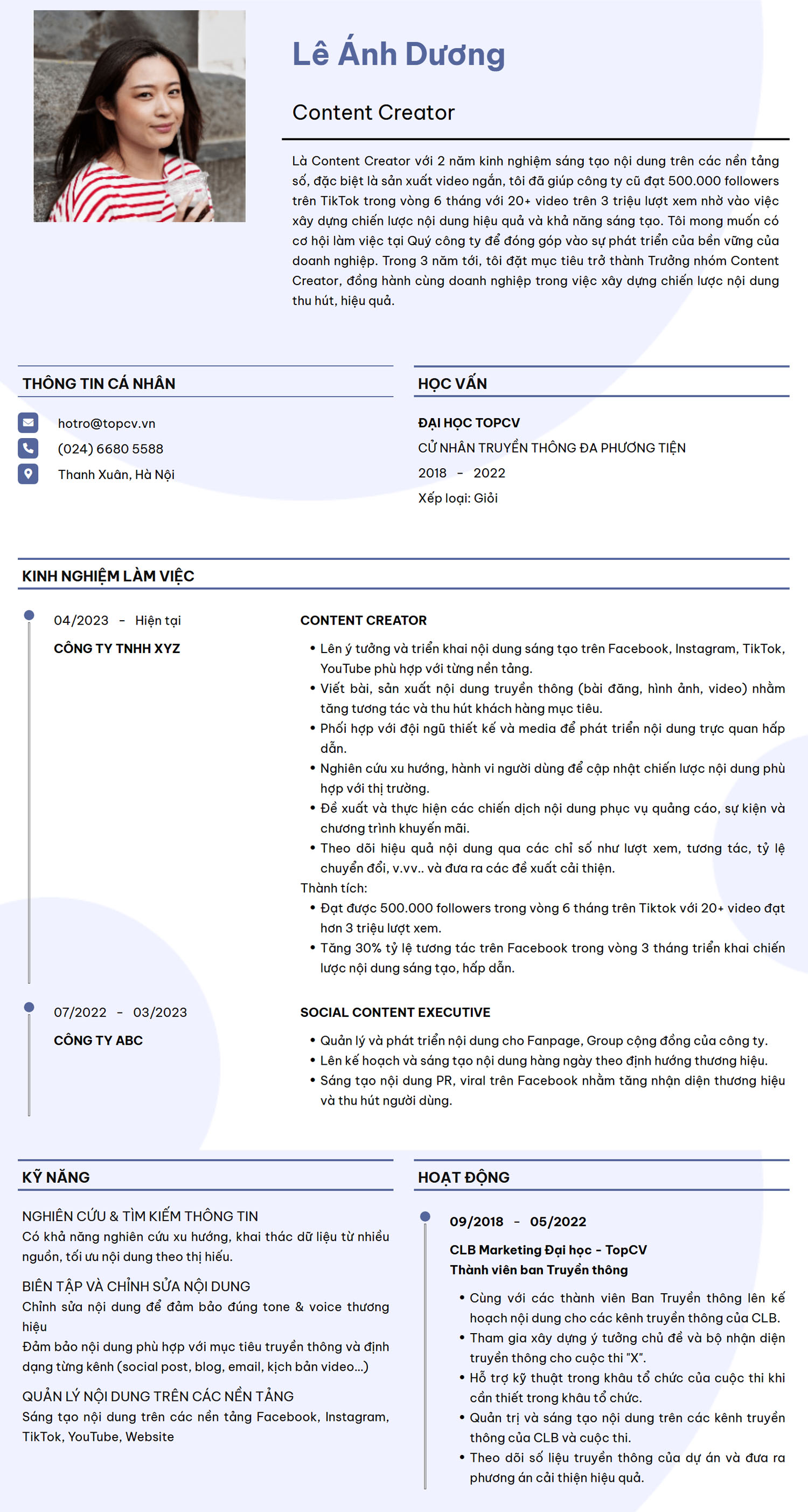 Tham khảo mẫu CV Content Creator tiếng Anh