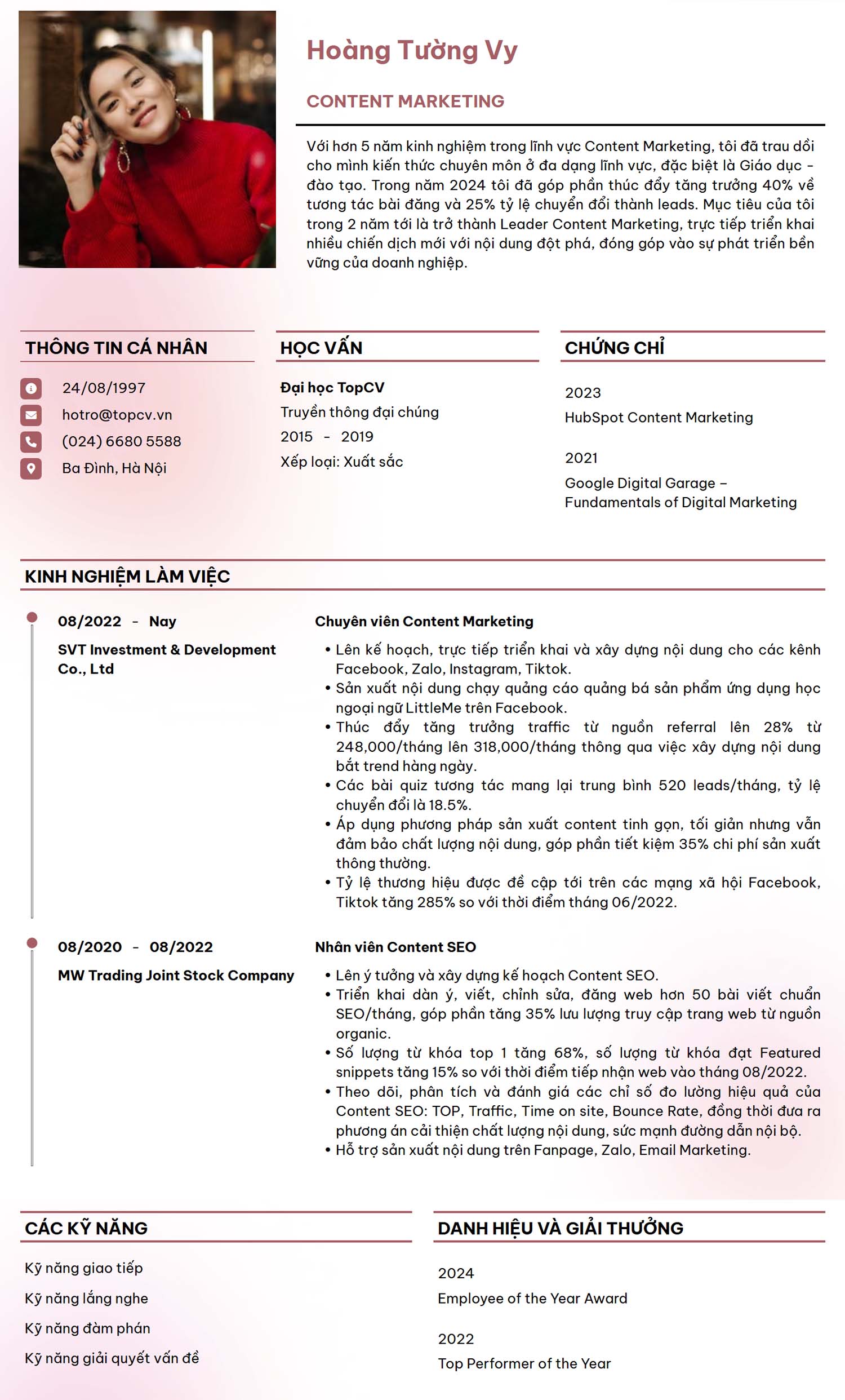 Tham khảo Mẫu CV Content Marketing 