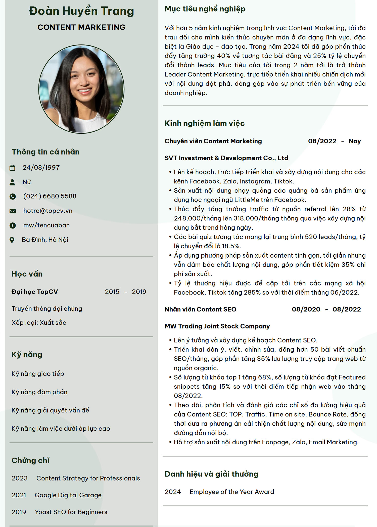 Tham khảo mẫu CV Content Marketing đơn giản