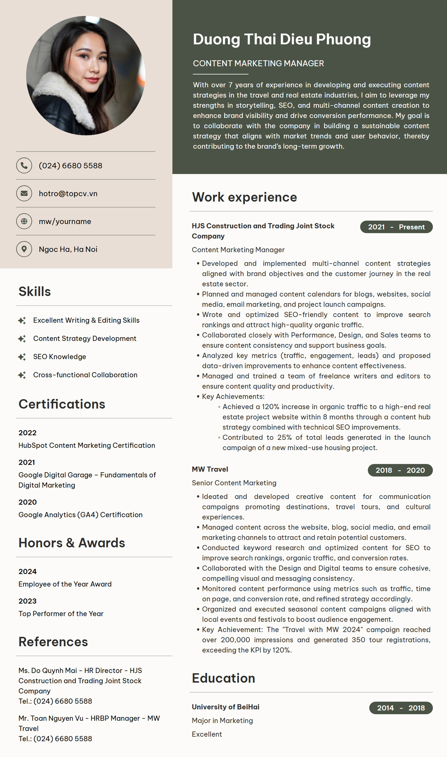 Mẫu CV Content Marketing Manager tiếng Anh