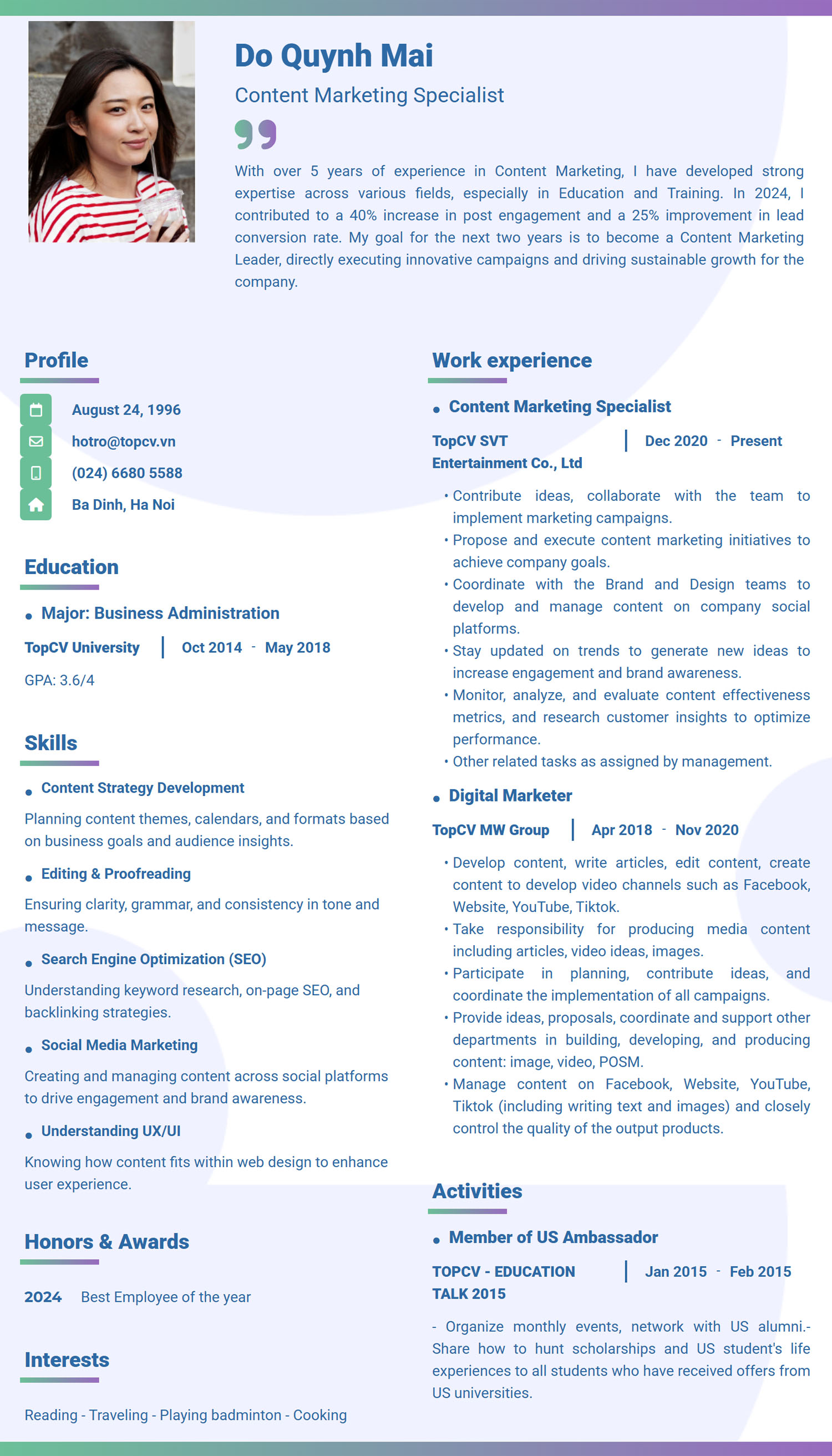 Tham khảo mẫu CV Content Creator tiếng Việt