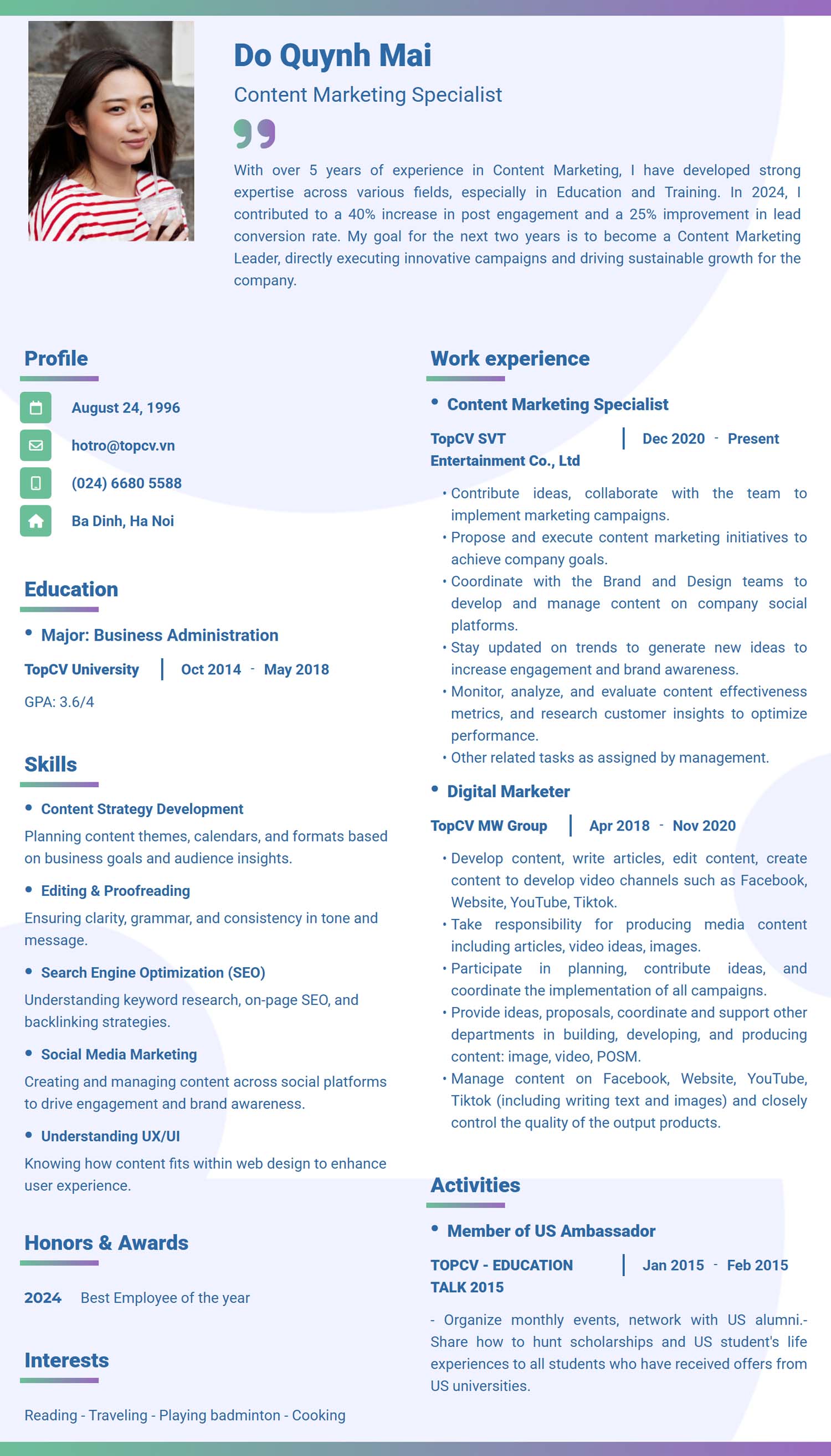 Mẫu CV Content Marketing Tiếng Anh