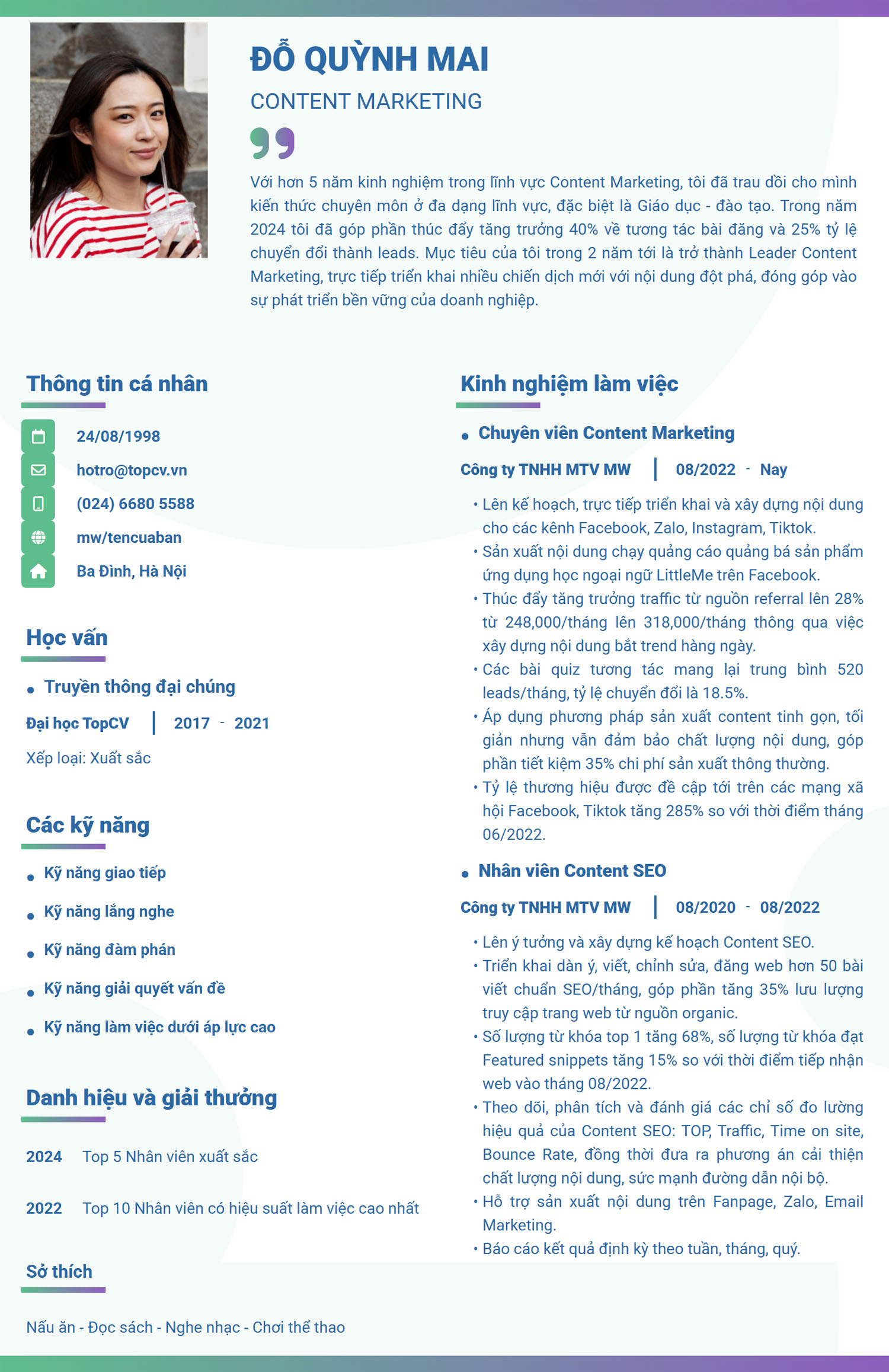 Tham khảo Mẫu CV Content Marketing tiếng Việt