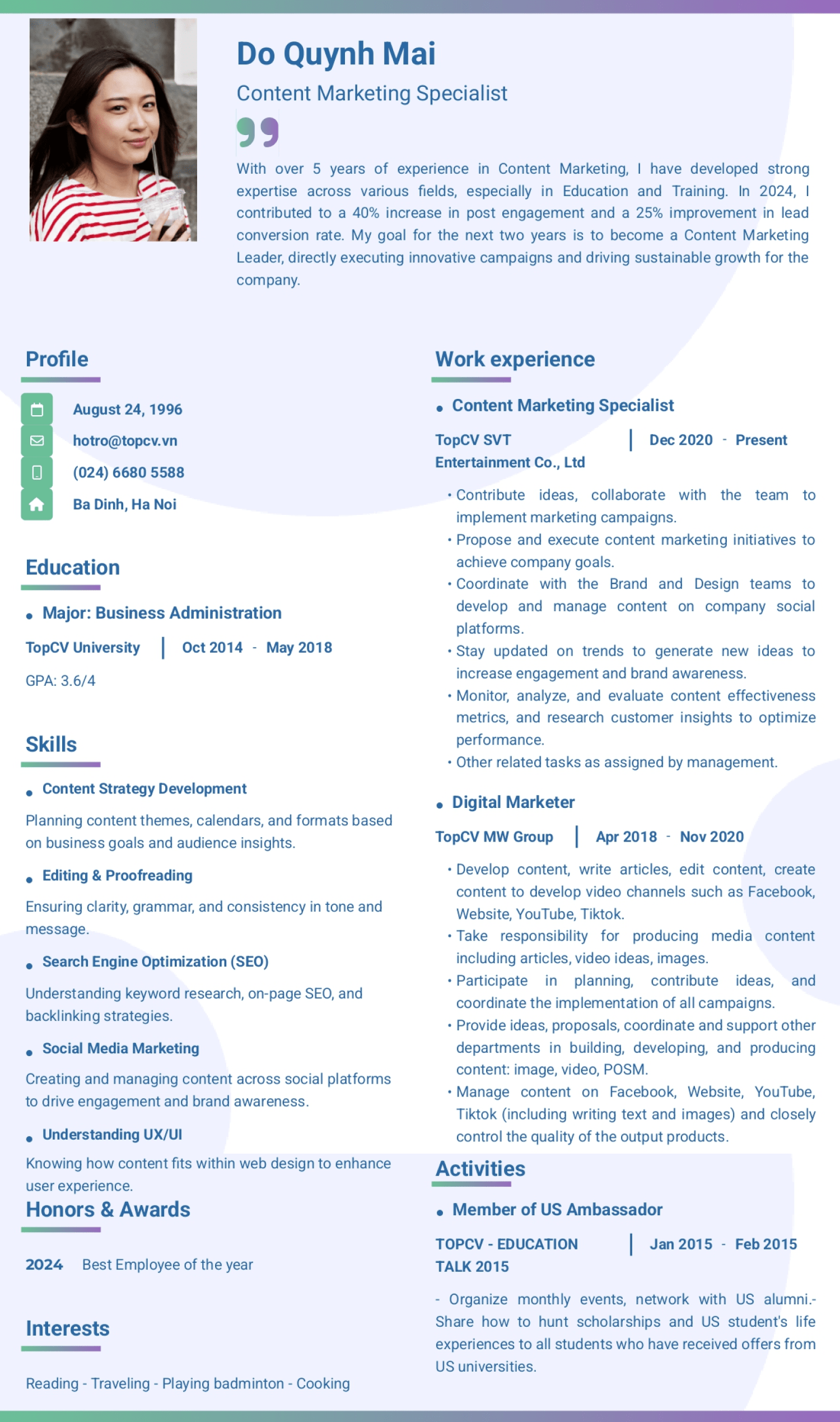 Mẫu CV Content Marketing (Bản tiếng Anh)