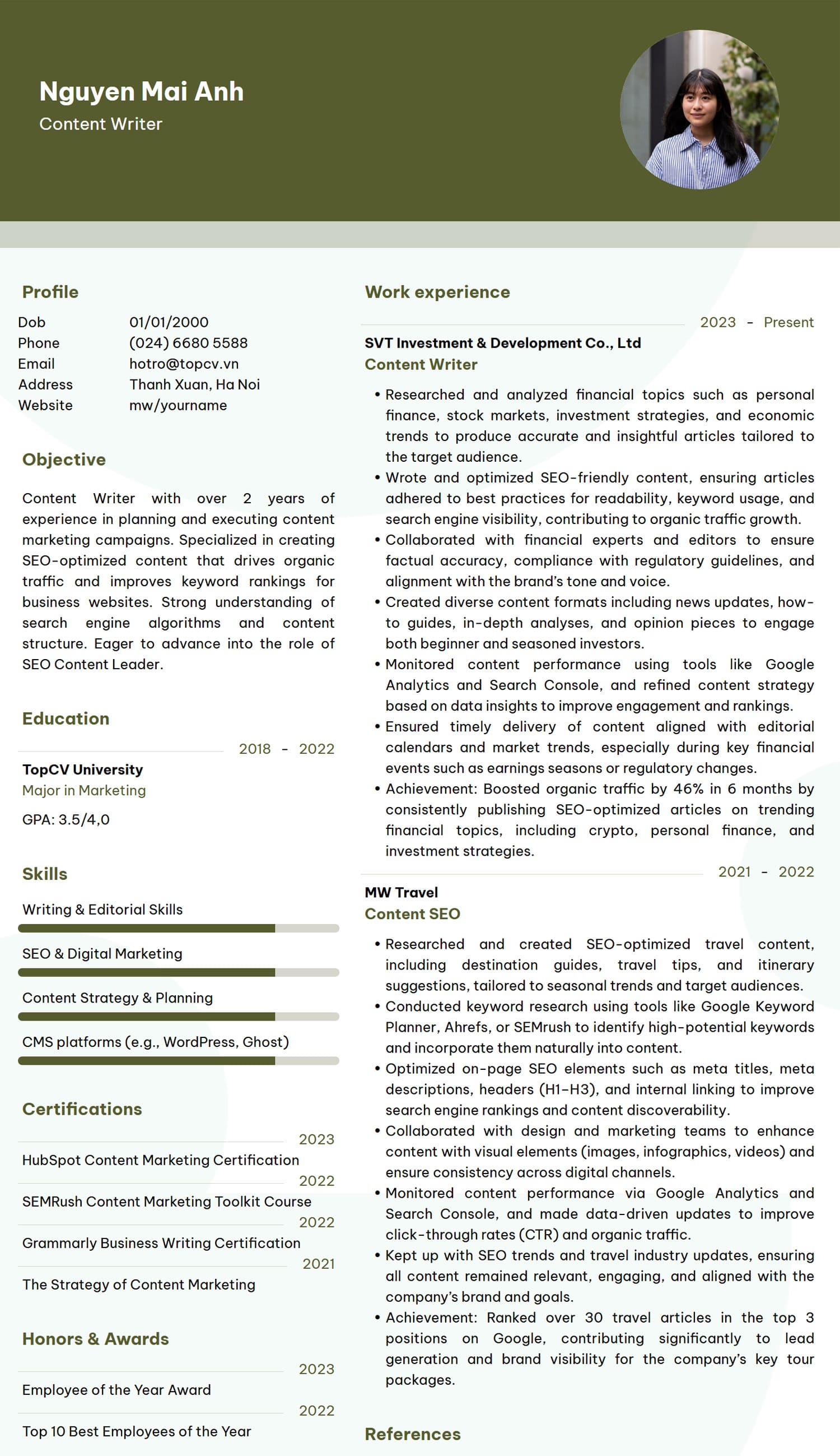 Mẫu CV Content Writer tiếng Anh