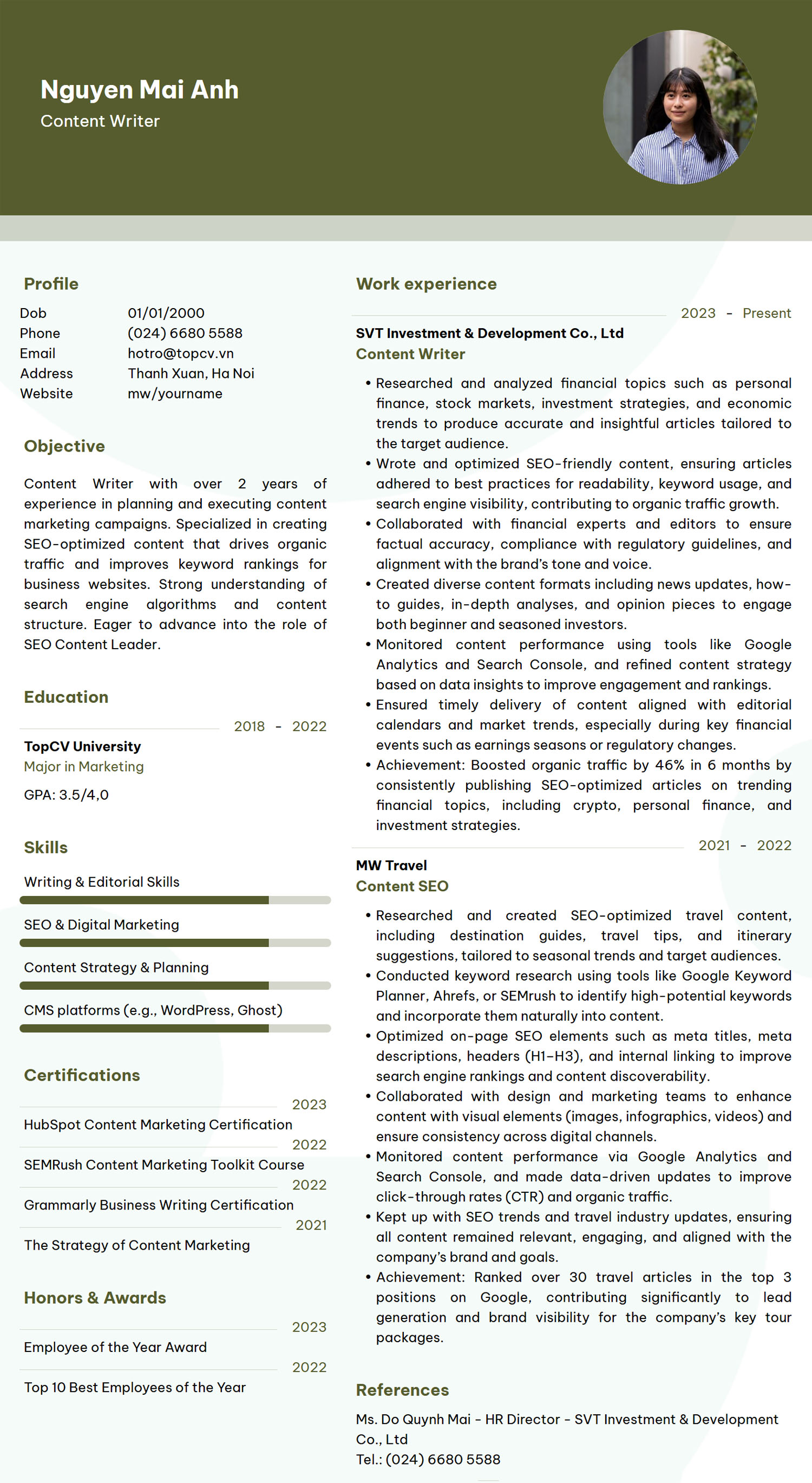 Tham khảo mẫu CV Content Writer tiếng Anh