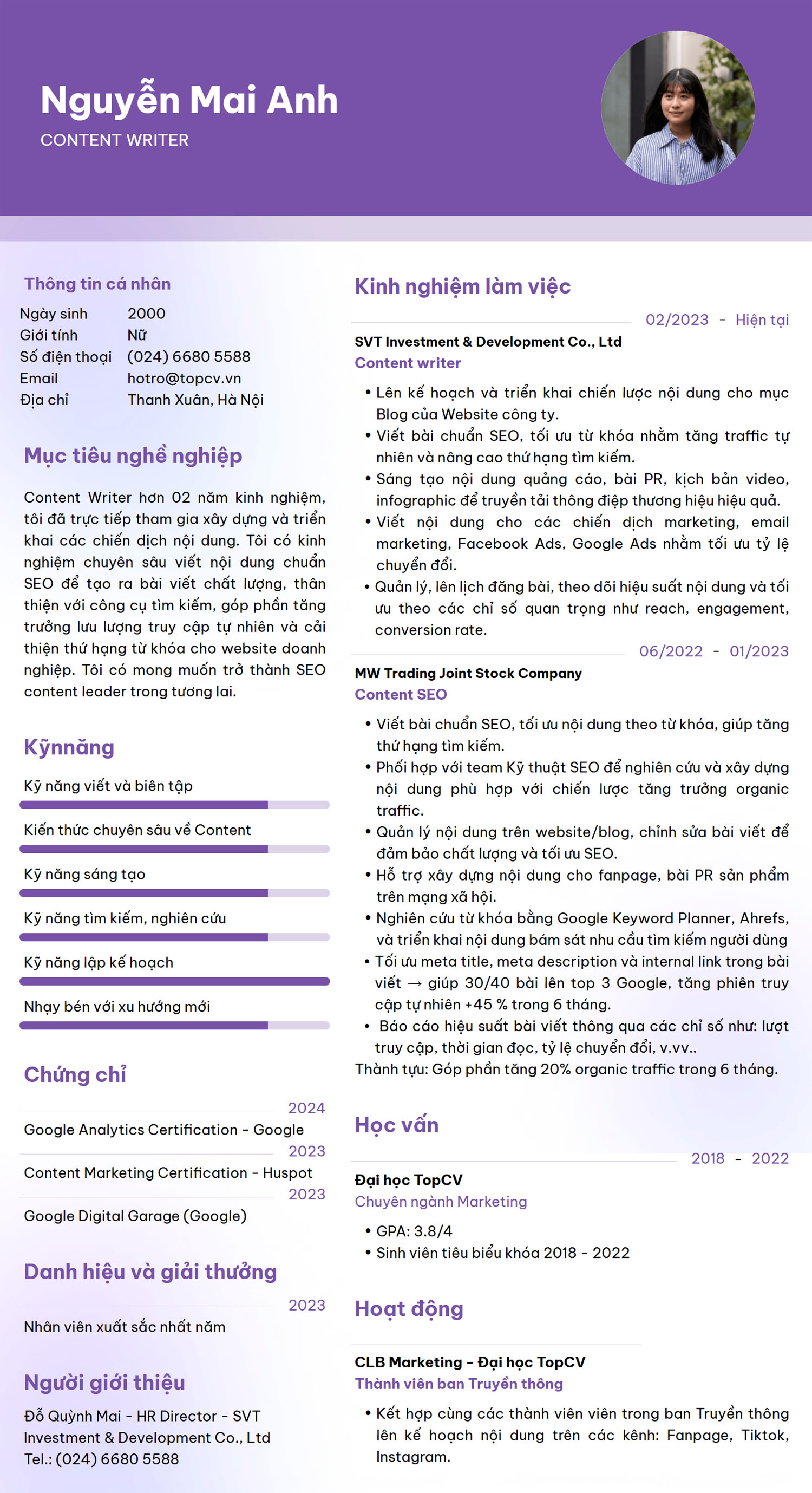 Tham khảo mẫu CV Content Writer tiếng Việt