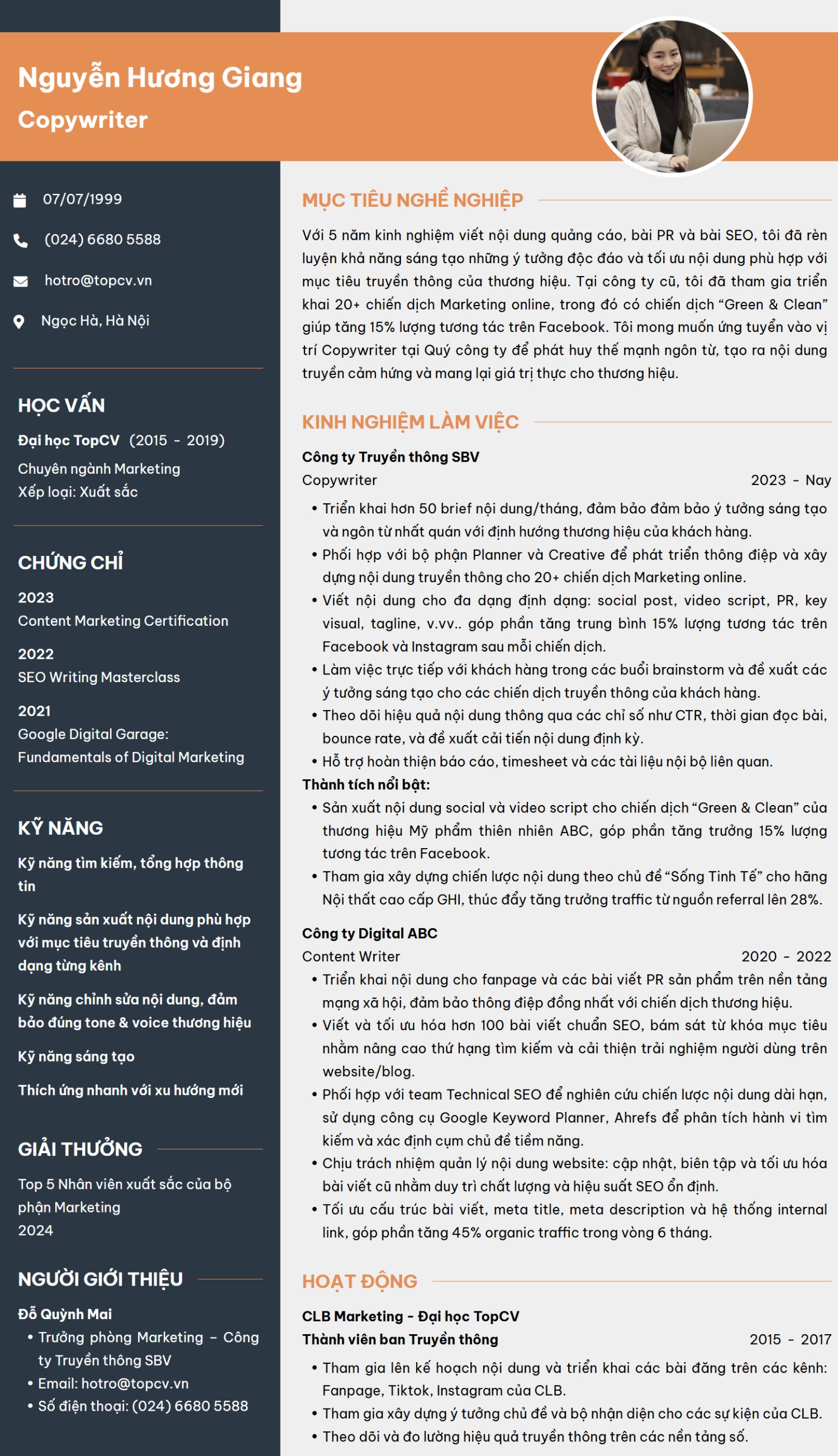 Mẫu CV Copywriter ấn tượng