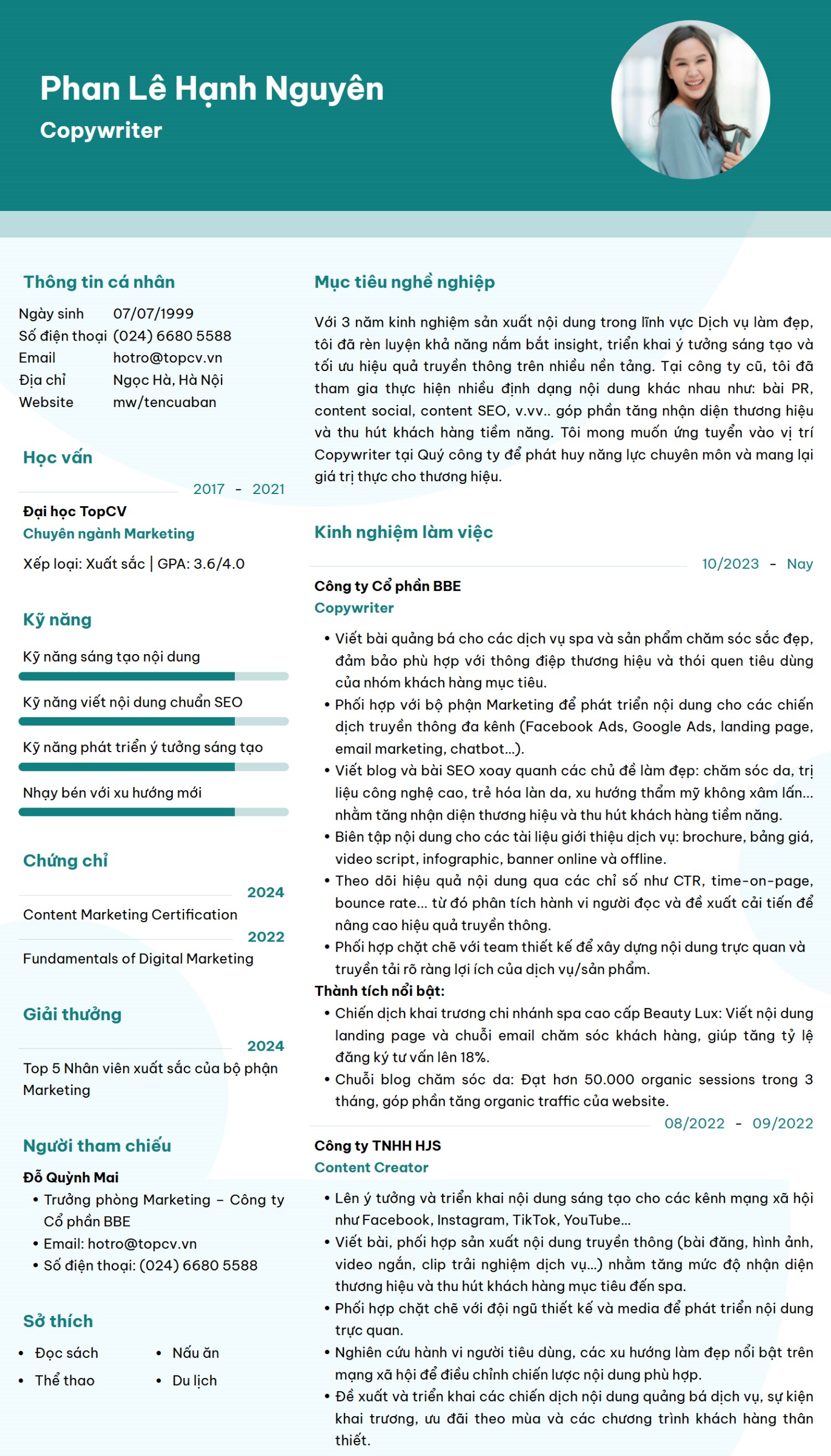 Mẫu CV Copywriter đơn giản