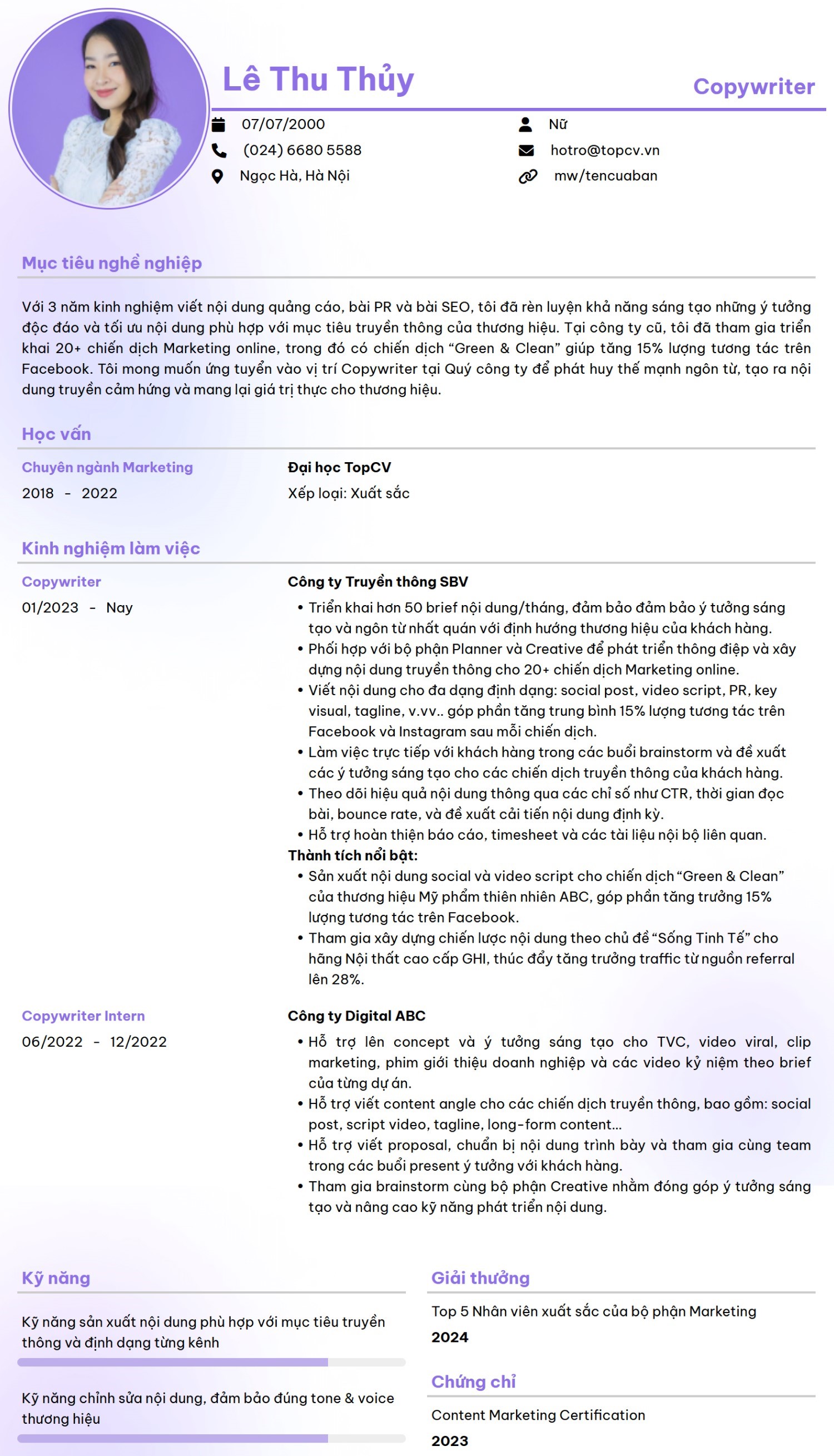Mẫu CV Copywriter chuyên nghiệp