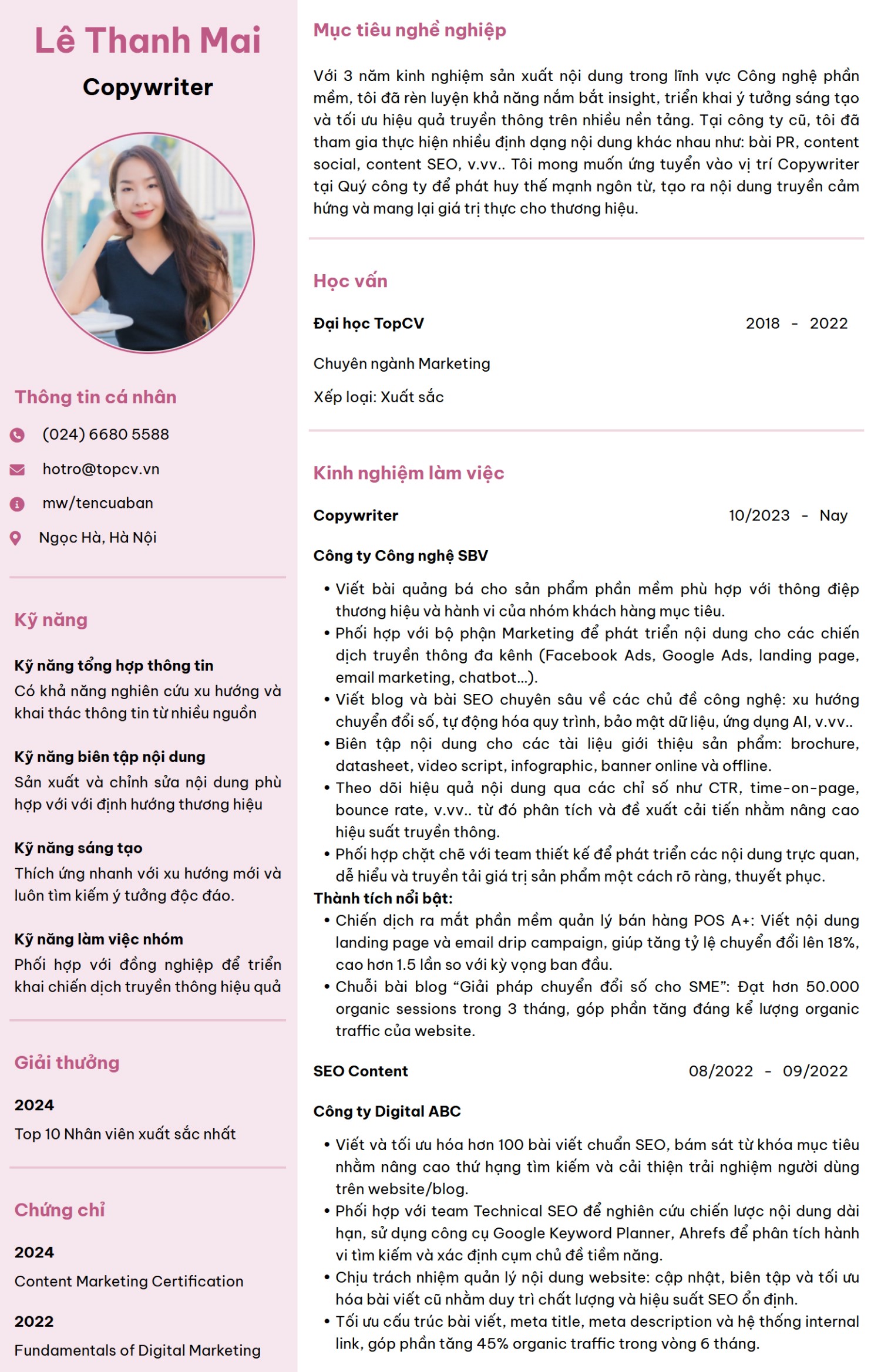 Mẫu CV Copywriter hiện đại