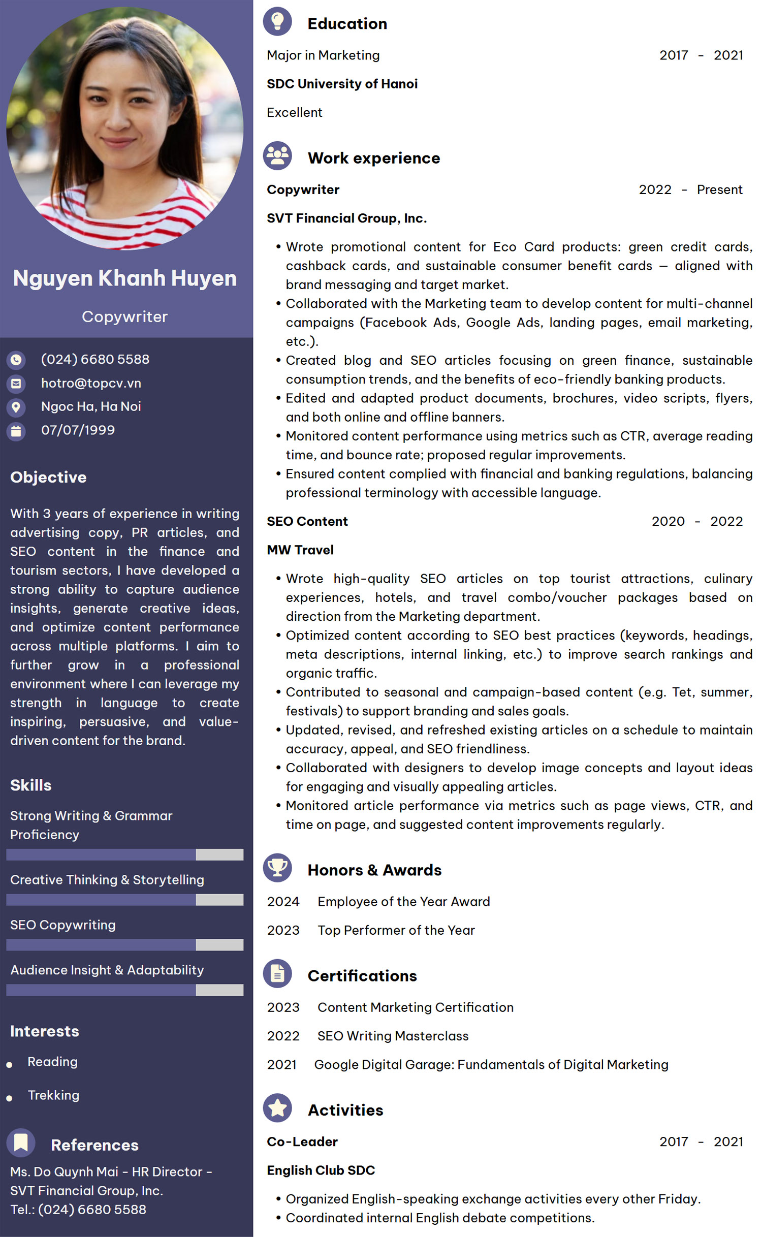 Mẫu CV Copywriter tiếng Anh