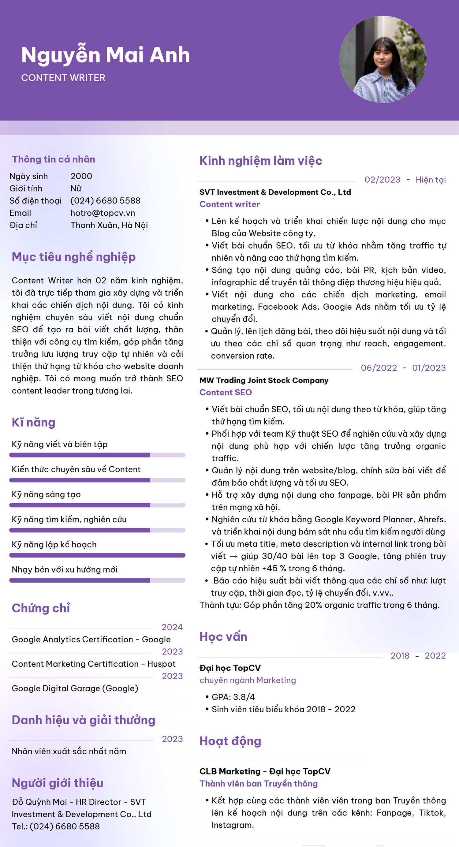 Tham khảo mẫu CV Content Writer tại TopCV
