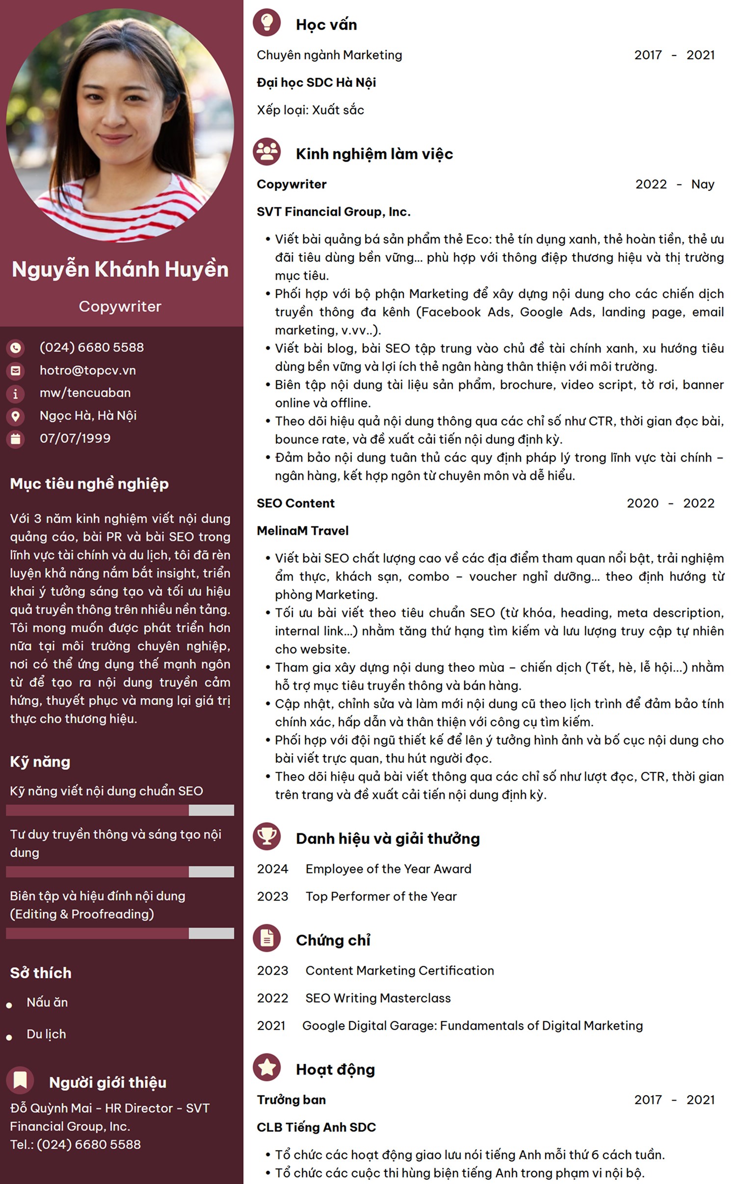 Mẫu CV Copywriter tiếng Việt