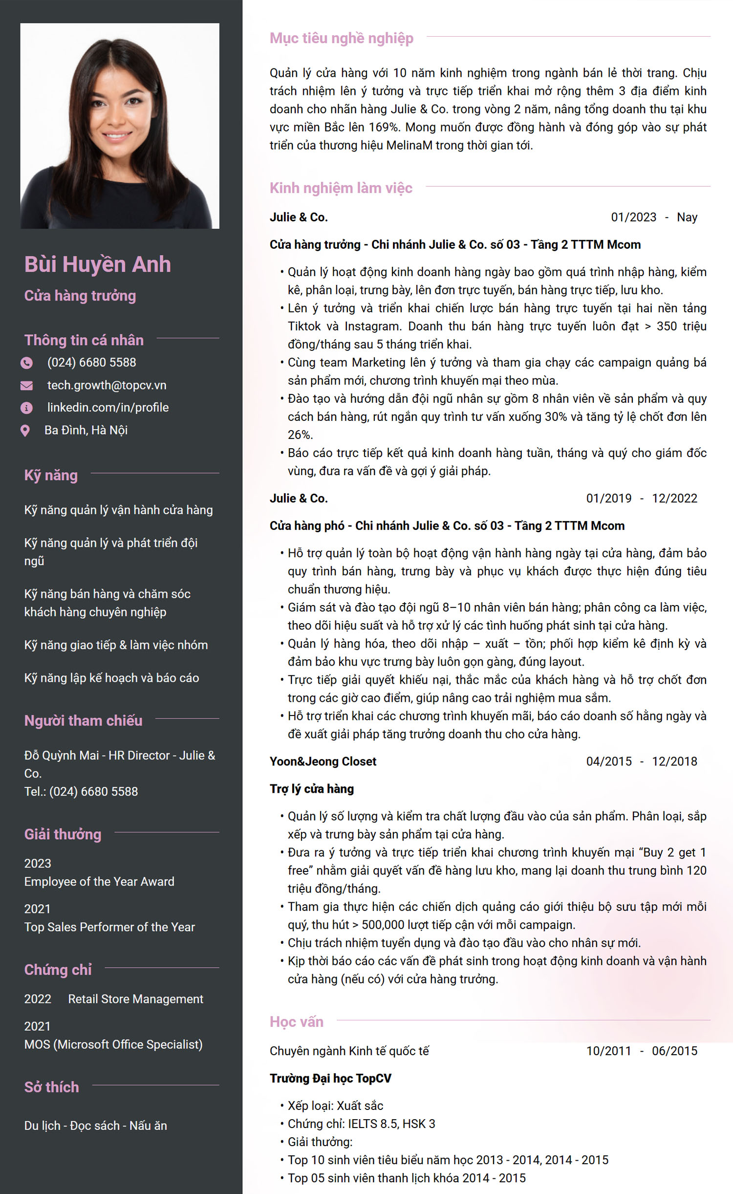 Tham khảo mẫu CV Cửa hàng trưởng chuyên nghiệp