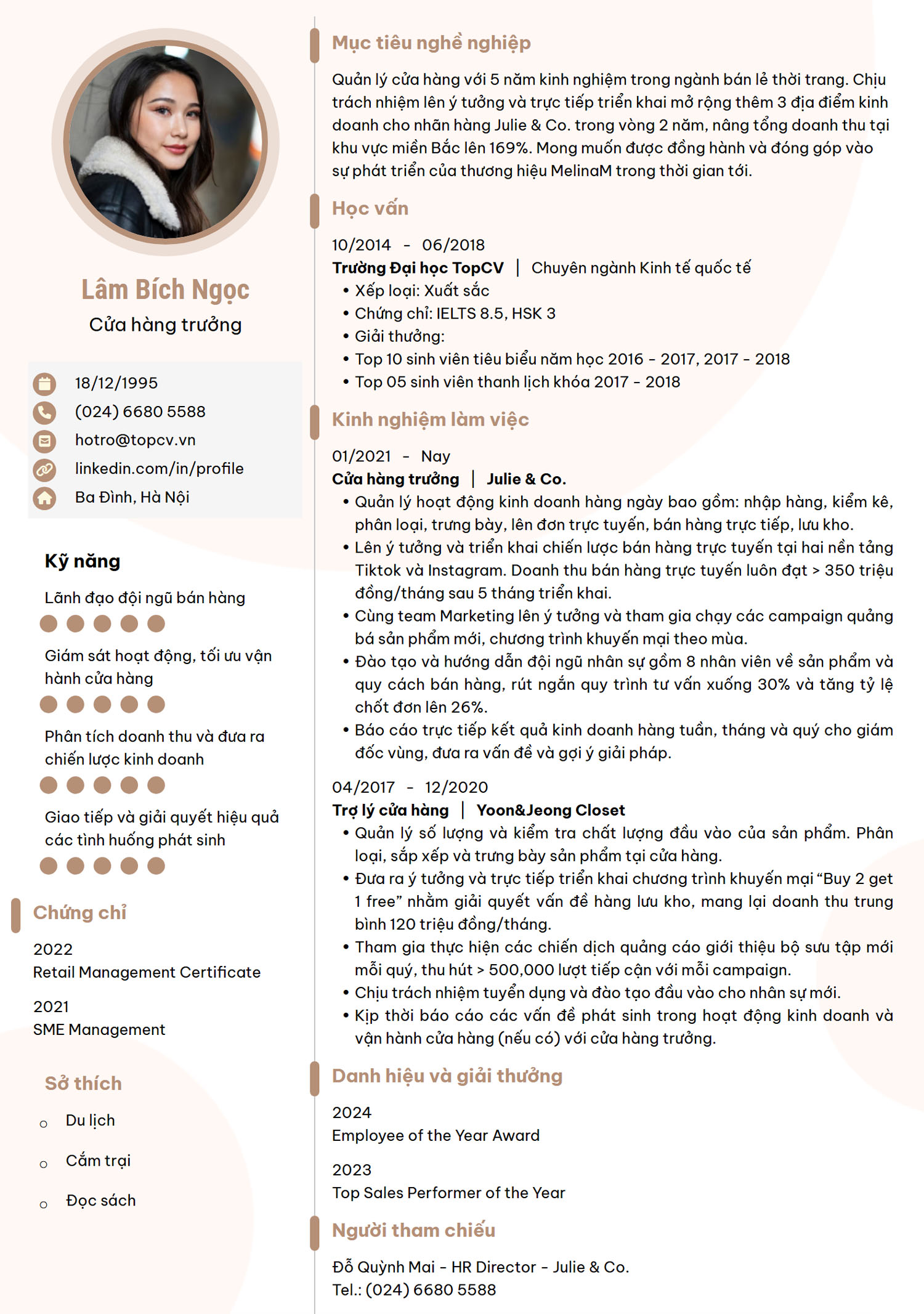 Mẫu CV Quản lý cửa hàng/Cửa hàng trưởng thanh lịch