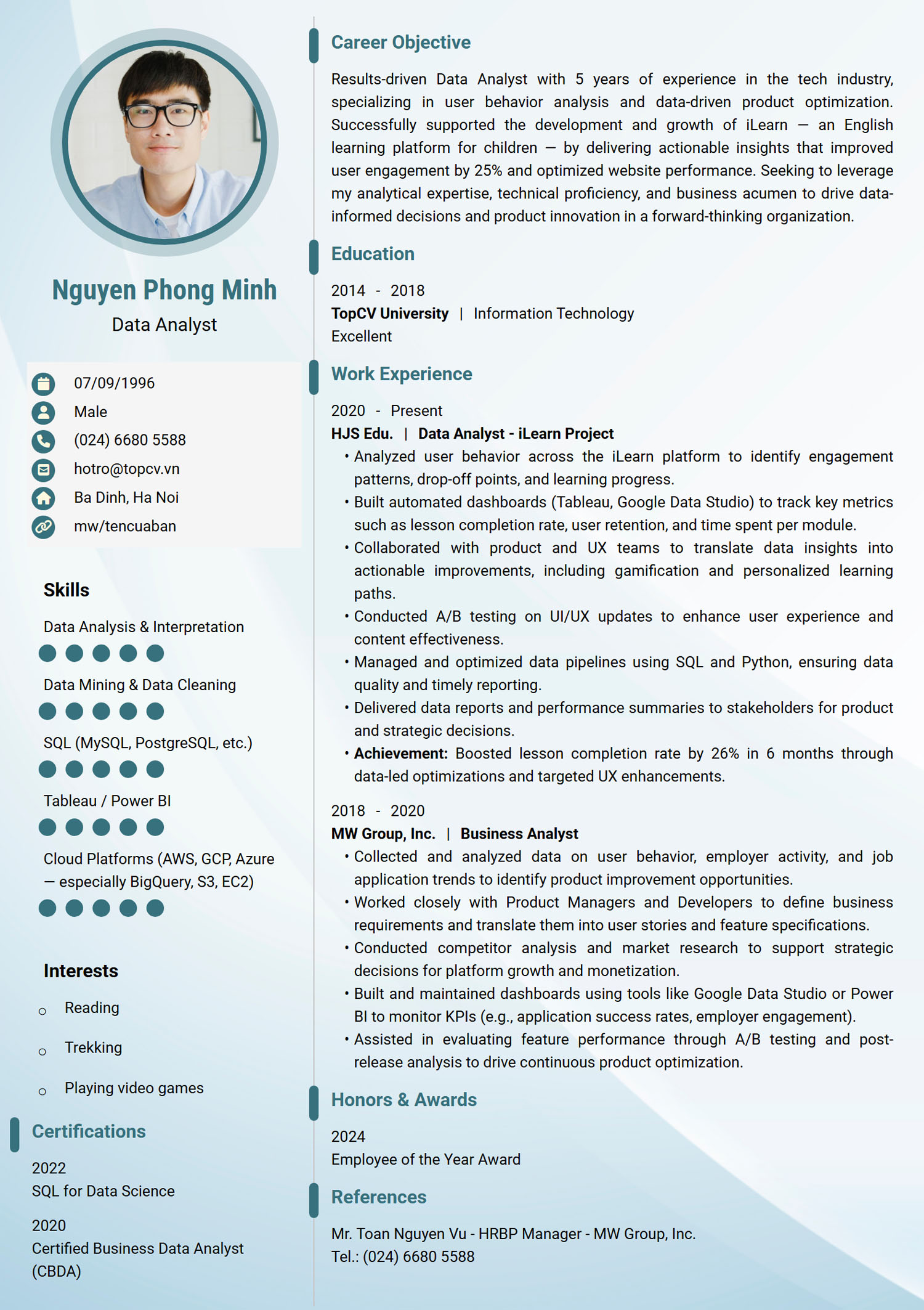 Tham khảo mẫu CV Data Analyst Tiếng Anh tại TopCV