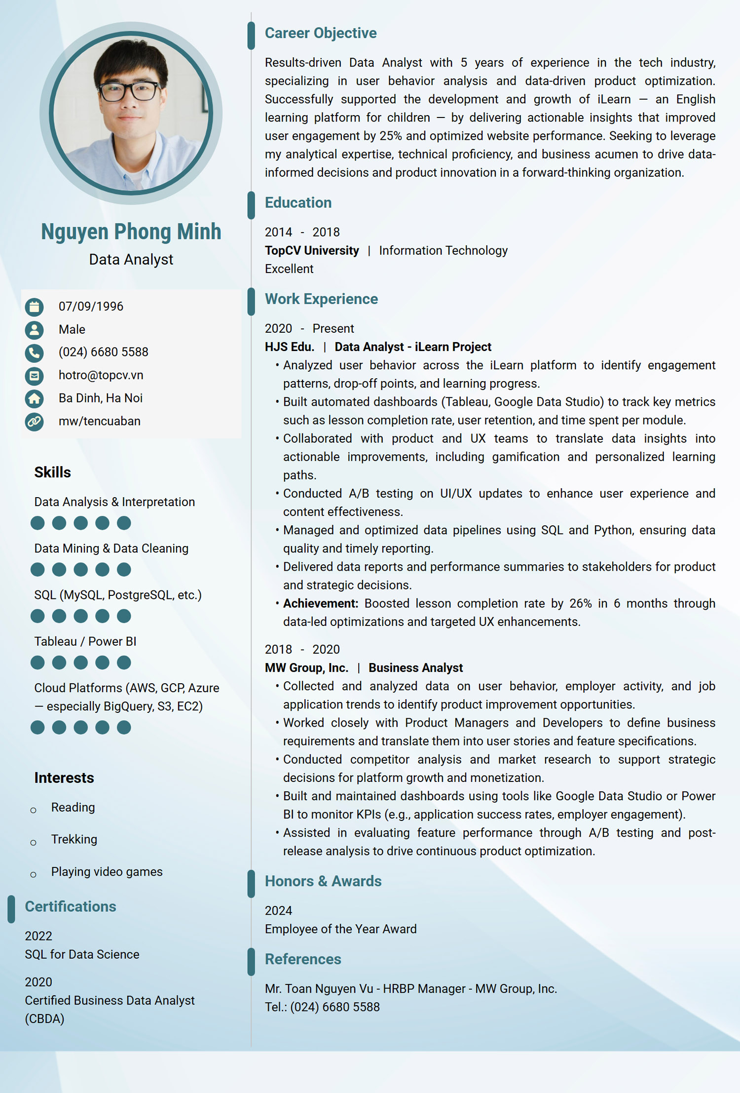 Mẫu CV Data Analyst tiếng Anh