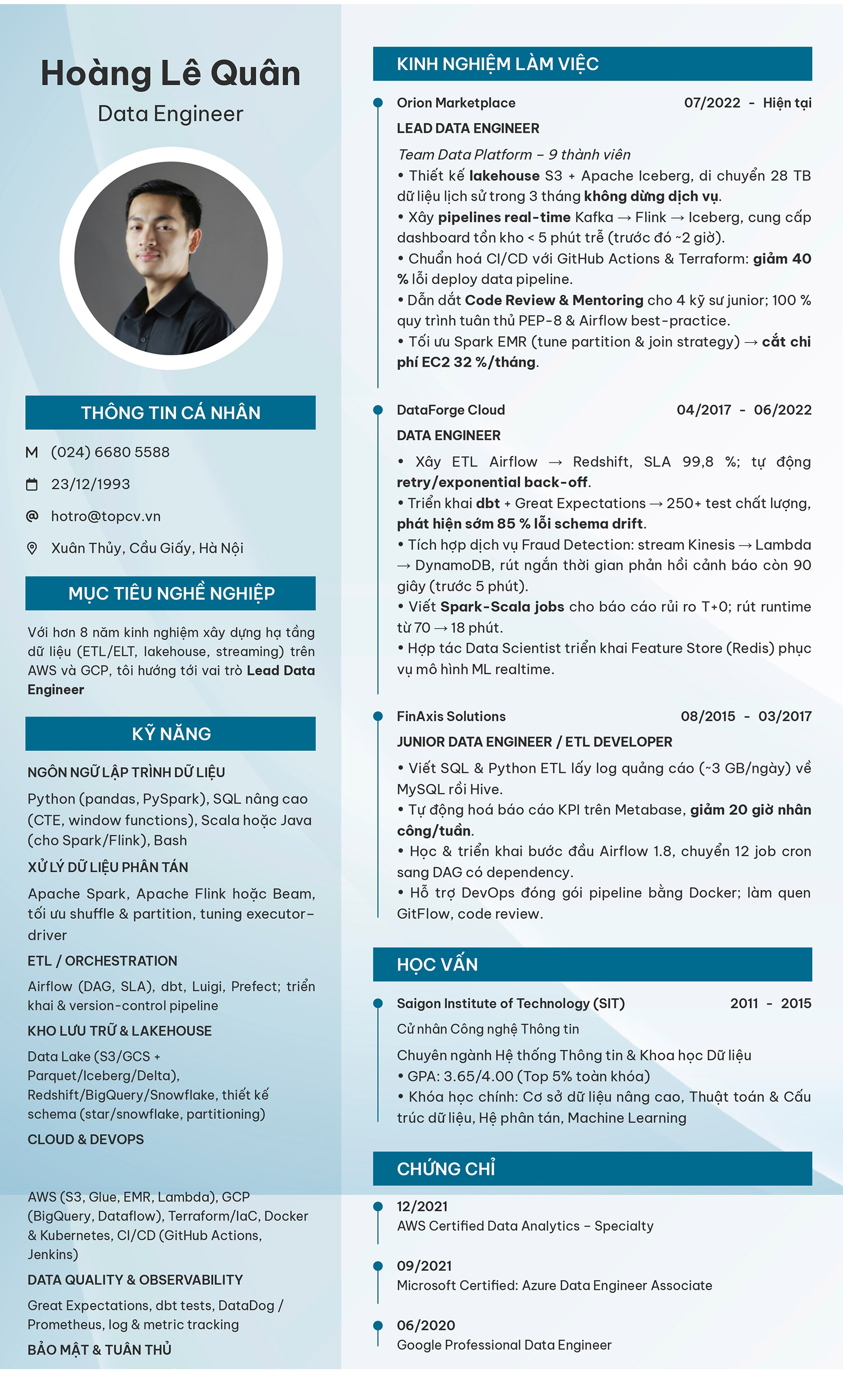 Mẫu CV Data Engineer tiếng Việt